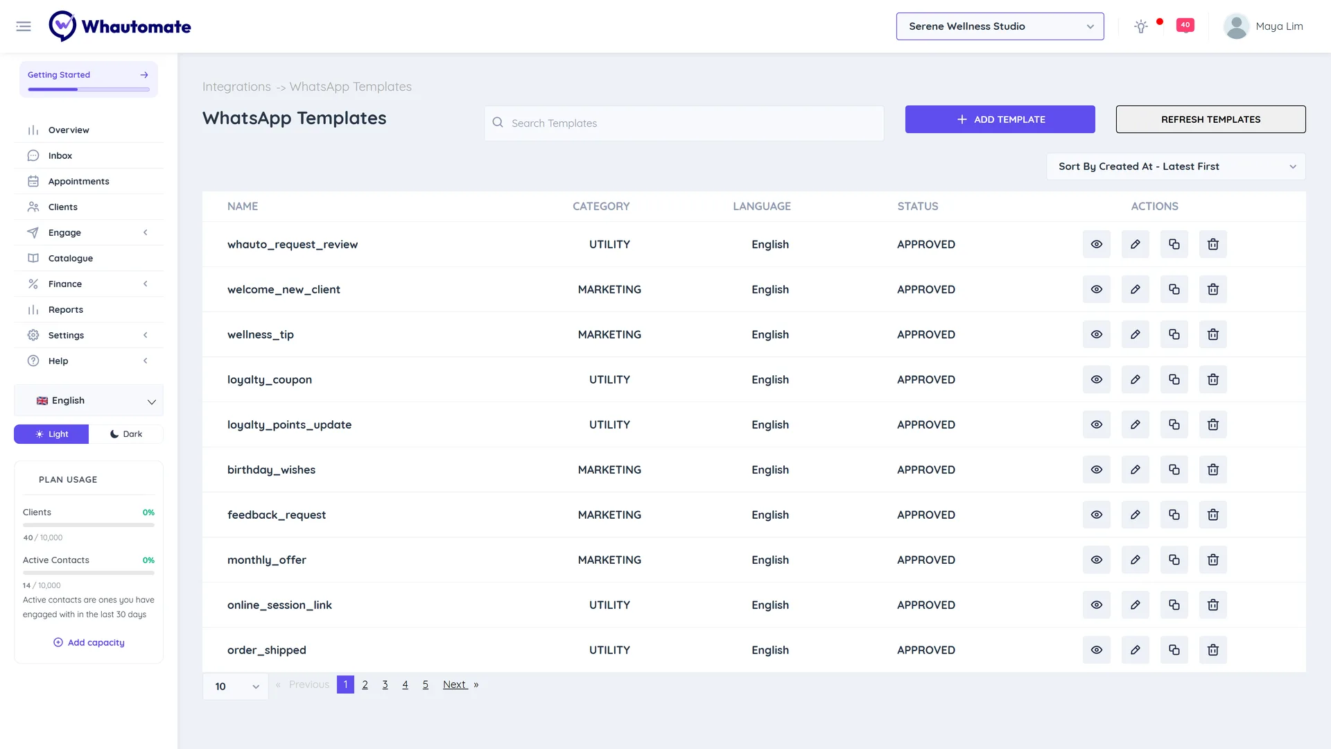 The WhatsApp Templates list with approved templates such as appointment_reminder, class_booking_confirmed, monthly_offer and feedback_request, showing category, language and status