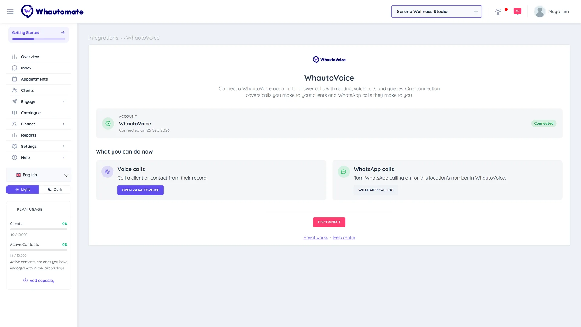 The WhautoVoice page showing the connected account with status Connected, the What you can do now tiles for voice calls and WhatsApp calls, and the Disconnect button