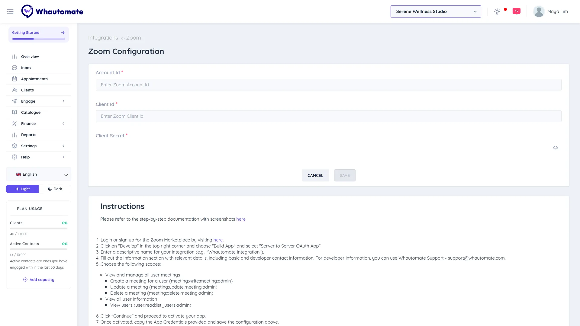 The Zoom Configuration page with the Account Id, Client Id and Client Secret fields and the setup instructions