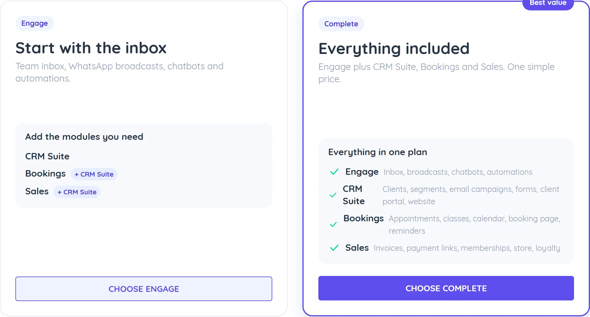 The Engage and Complete plan cards side by side: Engage lists the modules you can add, Complete lists everything included, prices hidden