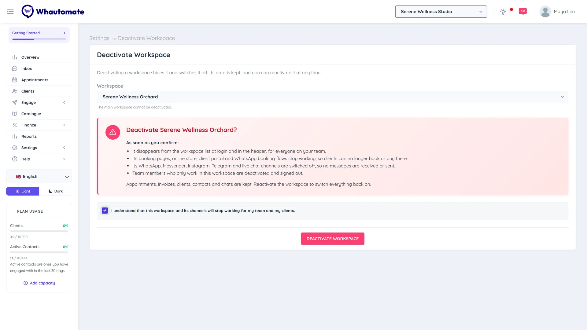 The Deactivate Workspace page with the Workspace picker, the note that the main workspace cannot be deactivated and the Deactivate workspace button