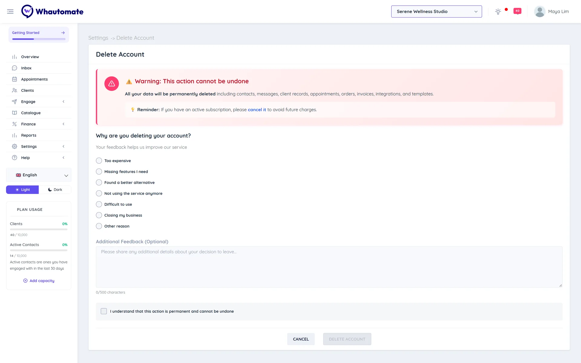The Delete Account page with the warning that the action cannot be undone, the reasons list, the feedback box and the Delete Account button