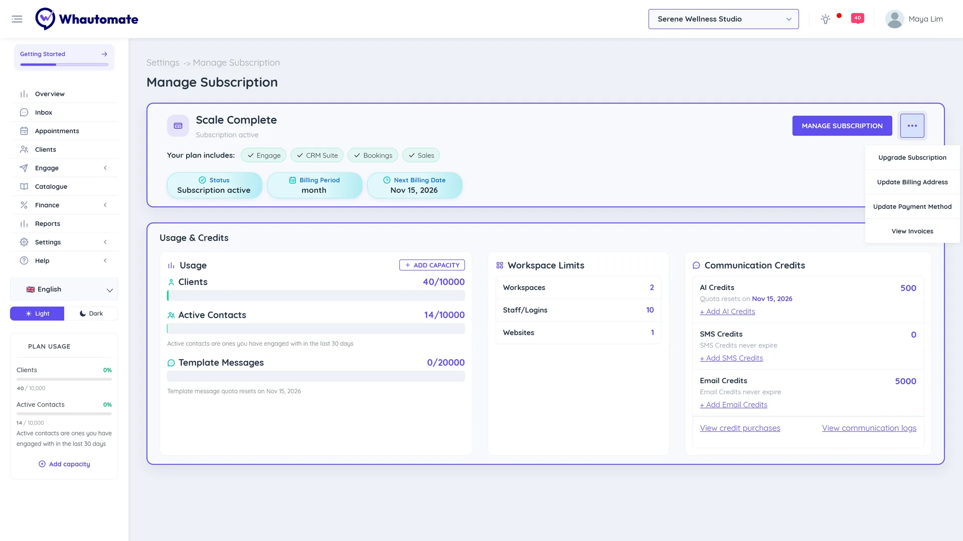 The Manage Subscription page with the More actions menu open, showing Upgrade Subscription, Update Billing Address, Update Payment Method and View Invoices