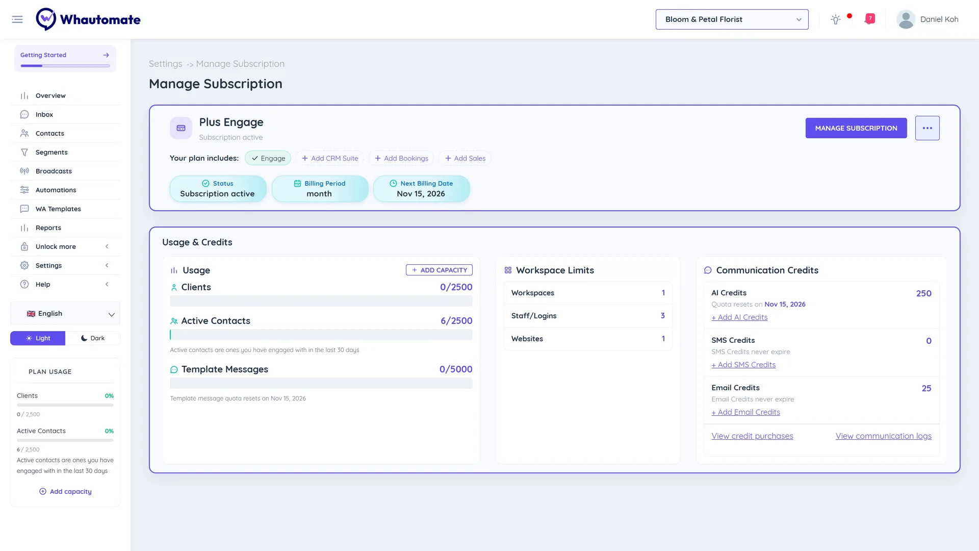 The Manage Subscription page with the plan summary card, the Your plan includes list of modules, and the Usage and Credits section