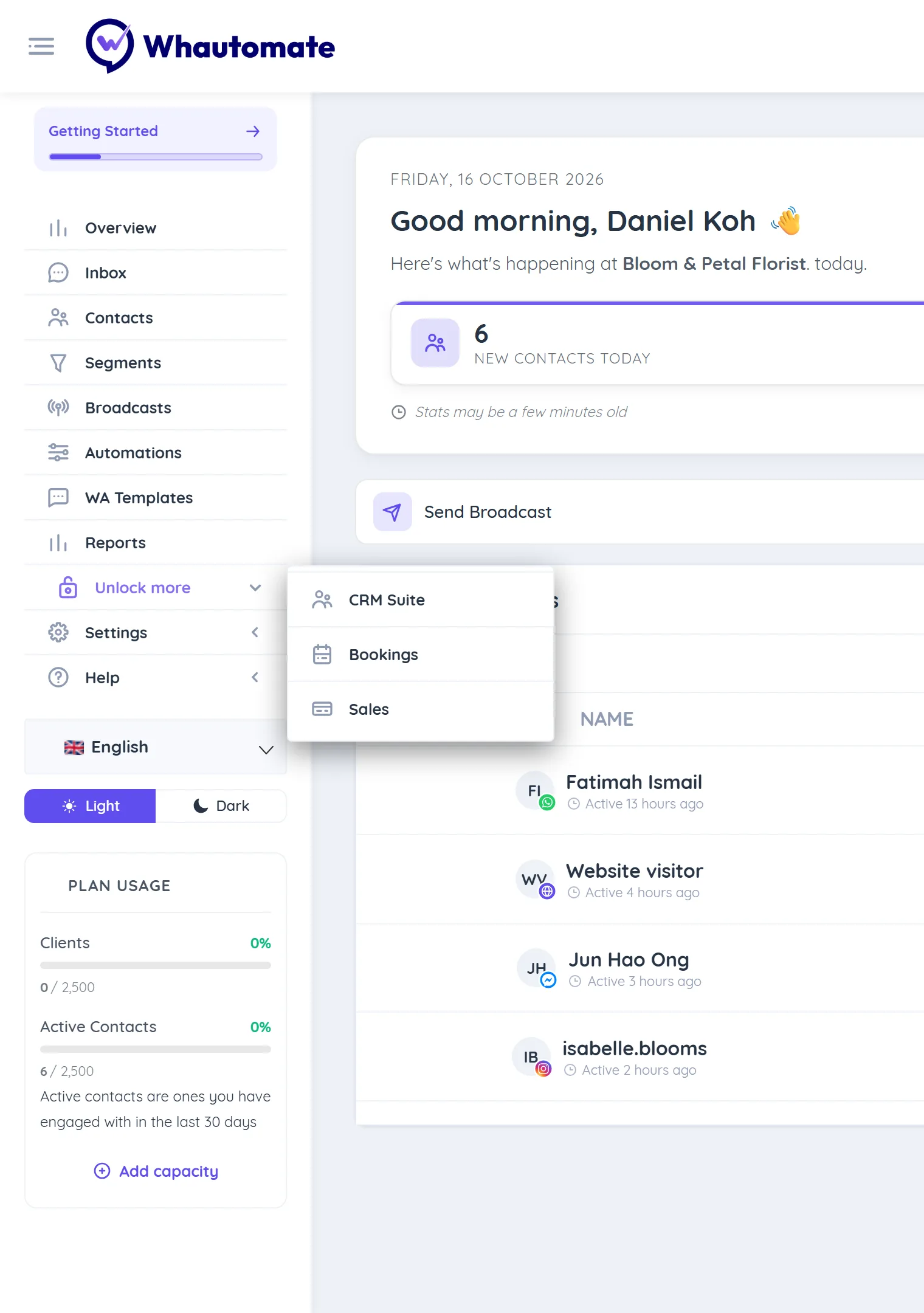 The sidebar of an Engage-only account with Contacts, Segments, Broadcasts, Automations and WA Templates at the top level and the Unlock more group listing CRM Suite, Bookings and Sales