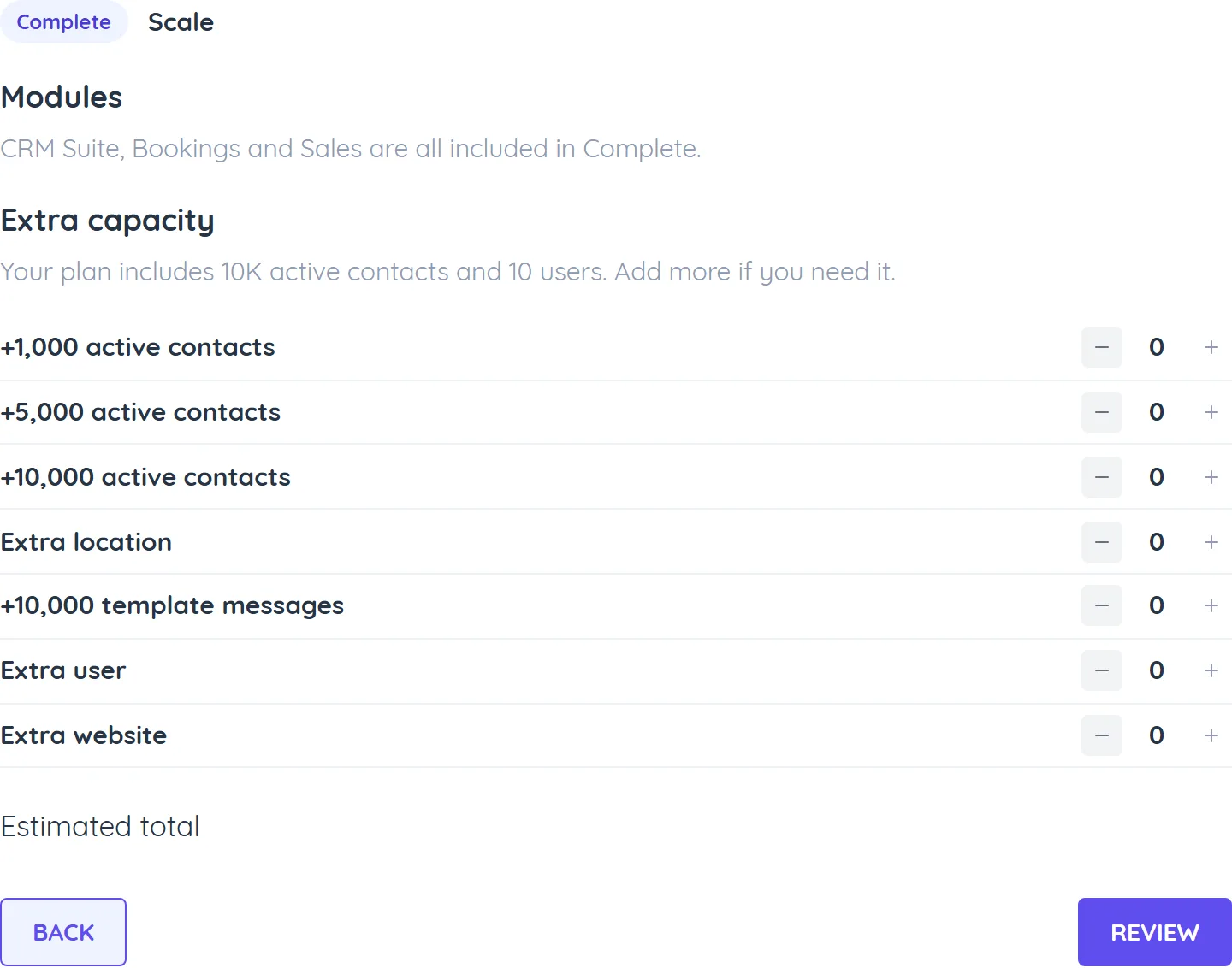 The Extra capacity list in step 2 Add-ons, with Extra user, Extra location, Extra website, active contacts and template message packs and their minus and plus buttons, prices hidden