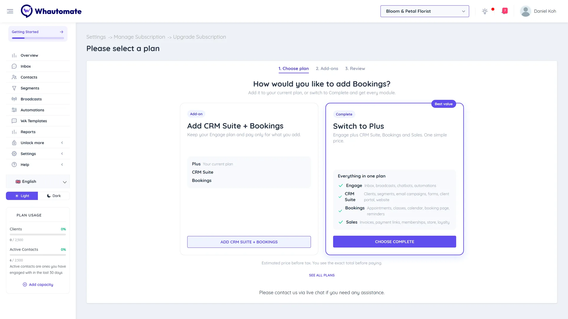 The How would you like to add Bookings screen, comparing the Add CRM Suite + Bookings add-on on the current Engage plan with switching to Complete, prices hidden