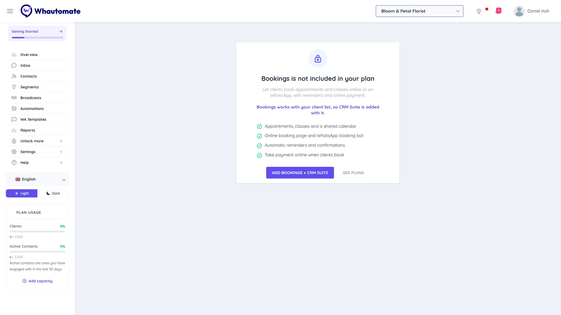 The Bookings is not included in your plan upgrade page with the module description, four benefits, the Add Bookings + CRM Suite button and See plans