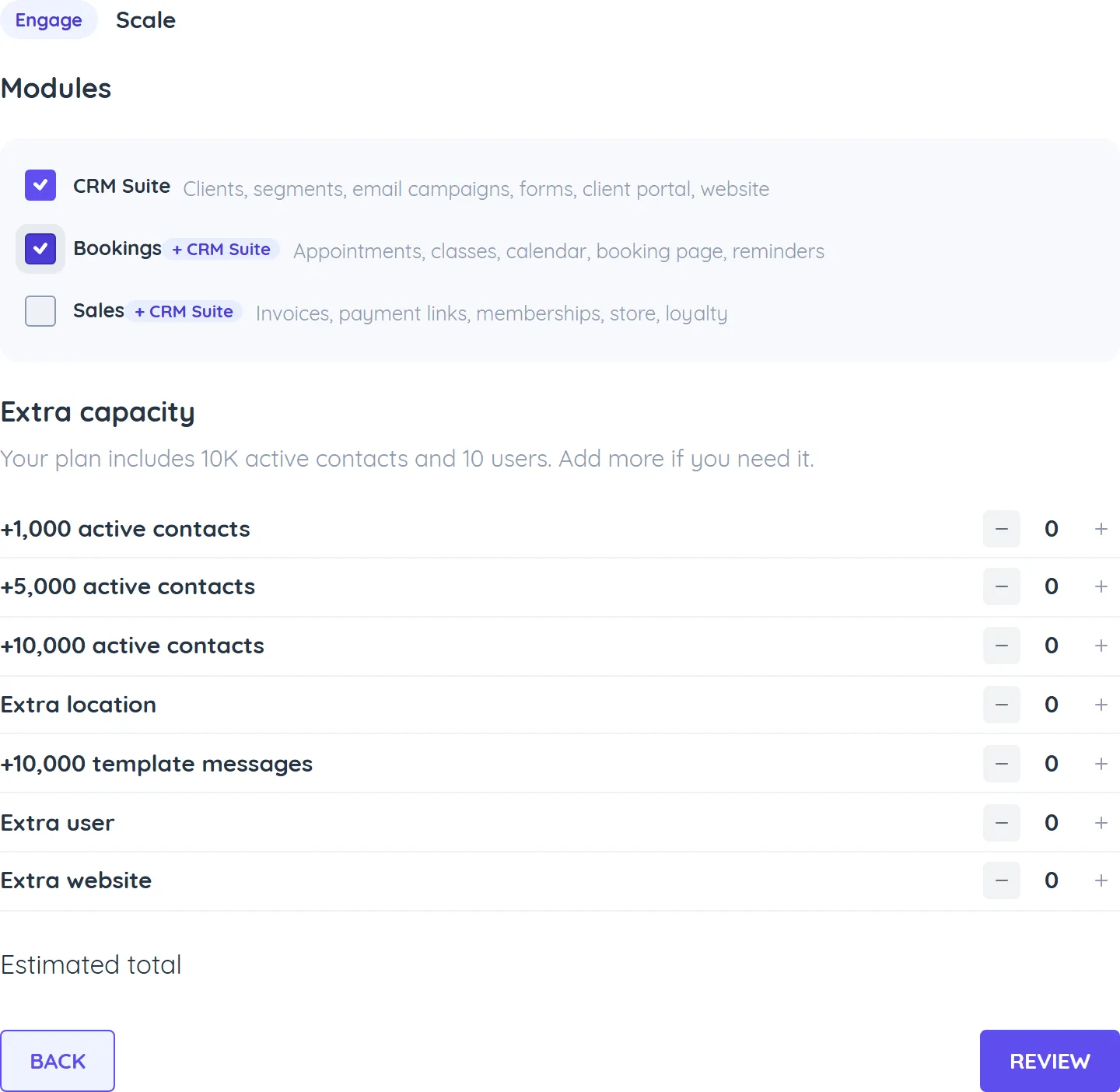 Step 2 Add-ons for an Engage plan: Modules checkboxes for CRM Suite, Bookings and Sales, and the Extra capacity list with plus and minus buttons, prices hidden