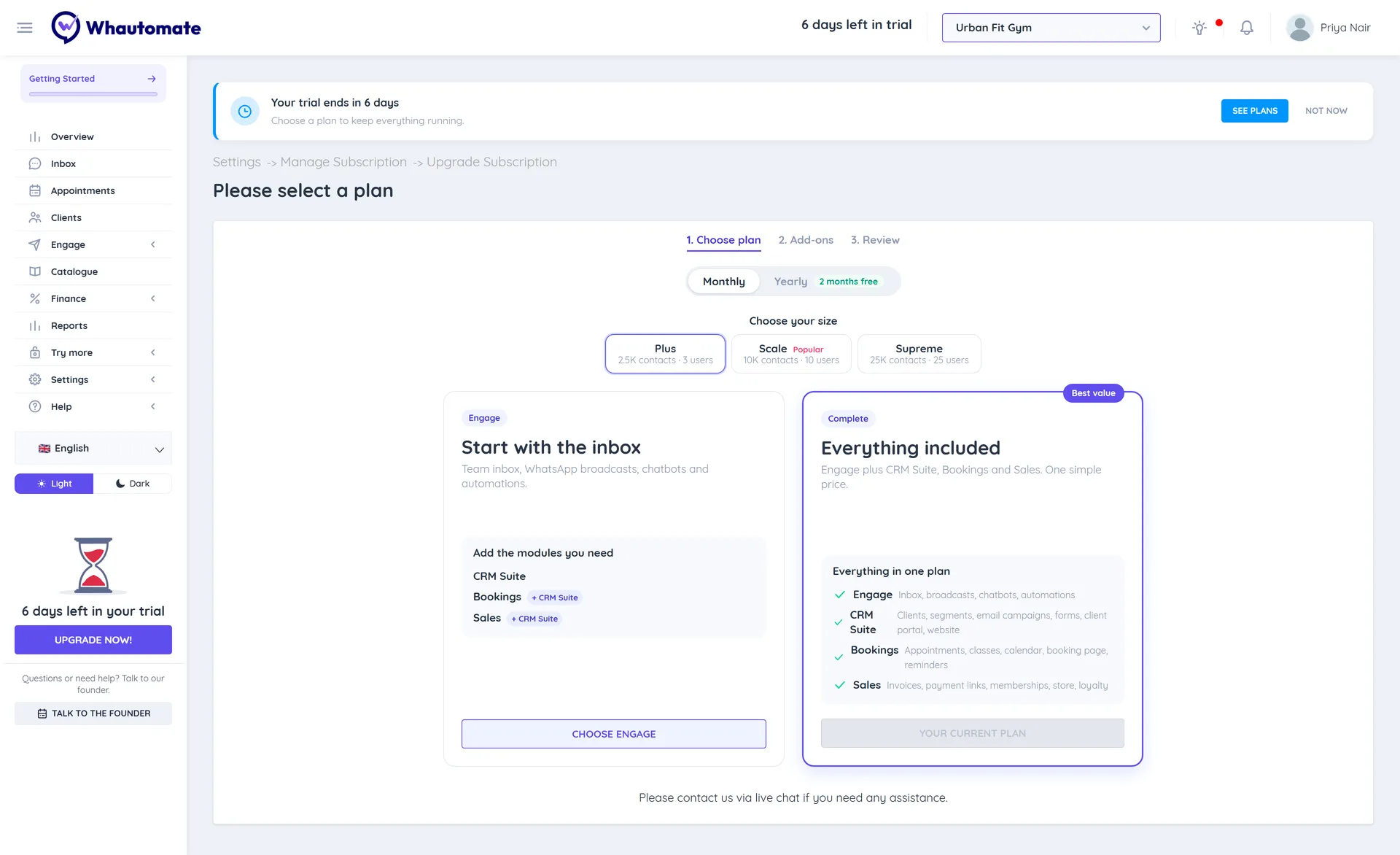 Step 1 Choose plan: the Monthly and Yearly switch, the Choose your size picker and the Engage and Complete cards, prices hidden