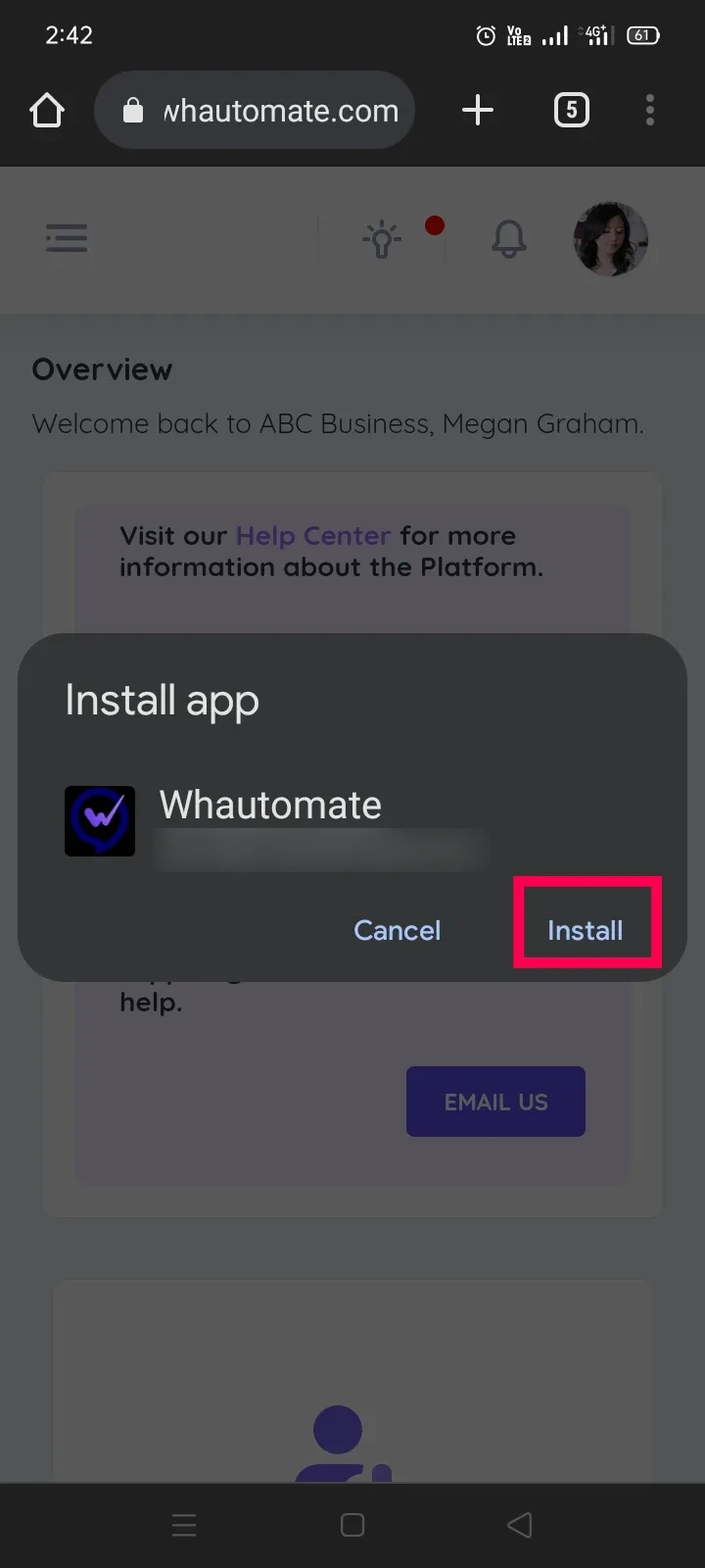 The Install app dialog in Chrome on Android with the Install button