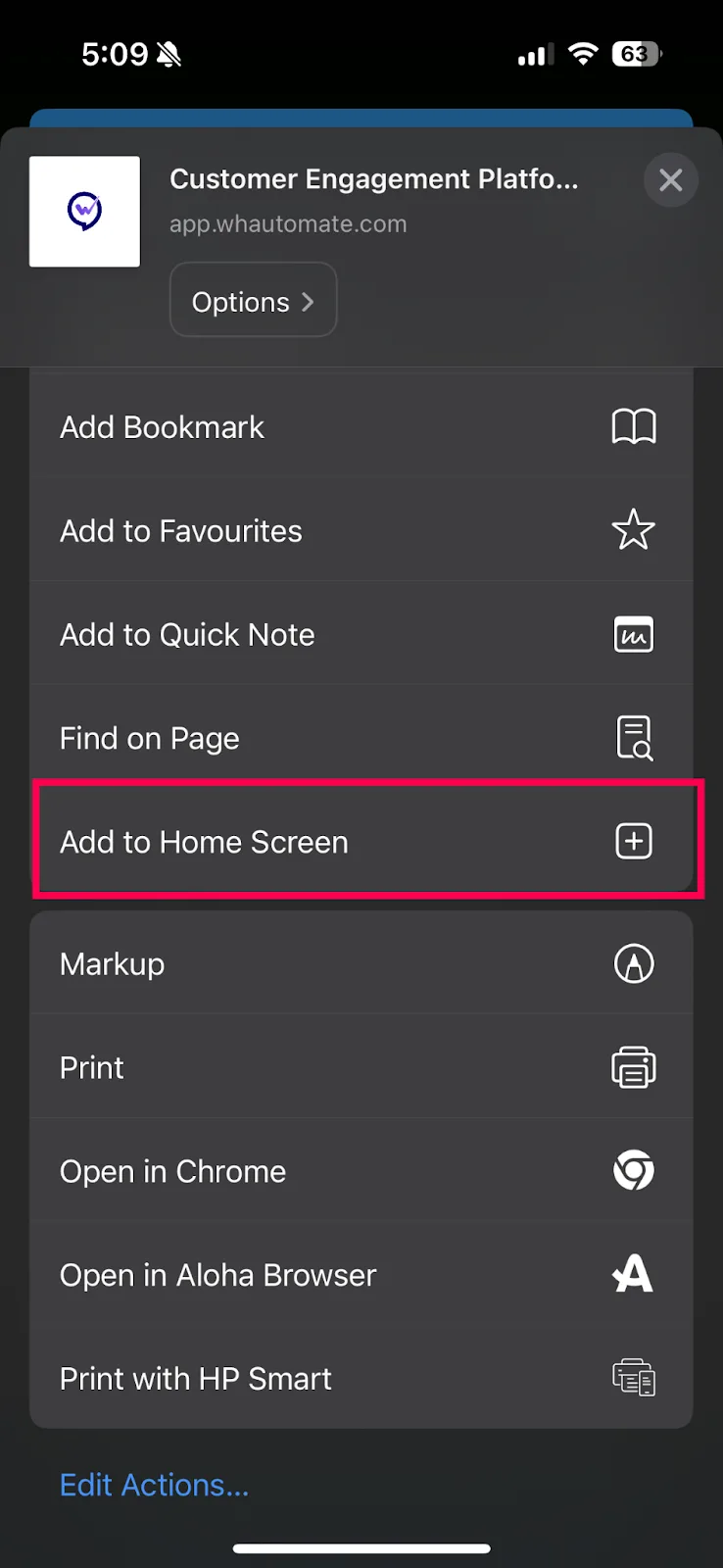 The Safari share sheet with Add to Home Screen highlighted