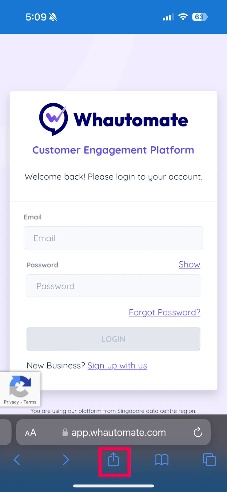 The Whautomate login page in Safari on iPhone with the Share button highlighted