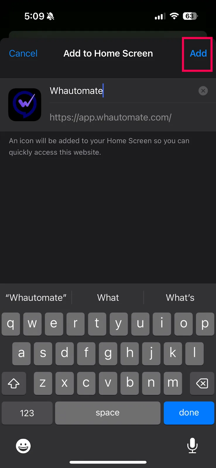 The Add to Home Screen screen in Safari with the Add button
