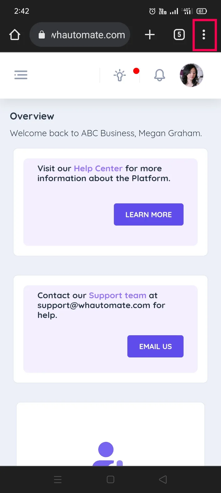 Whautomate open in Chrome on Android with the three-dot menu icon highlighted