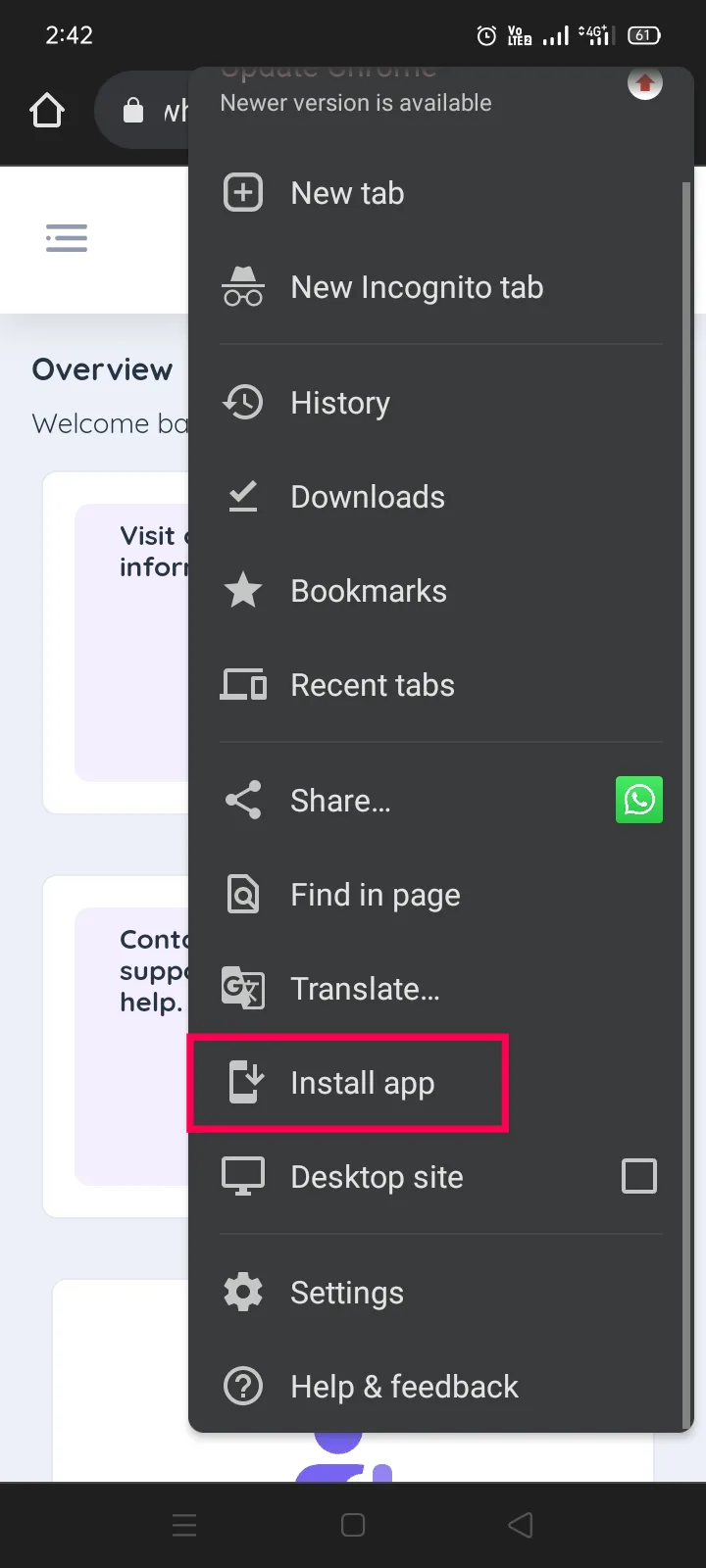 The Chrome menu on Android with Install app highlighted