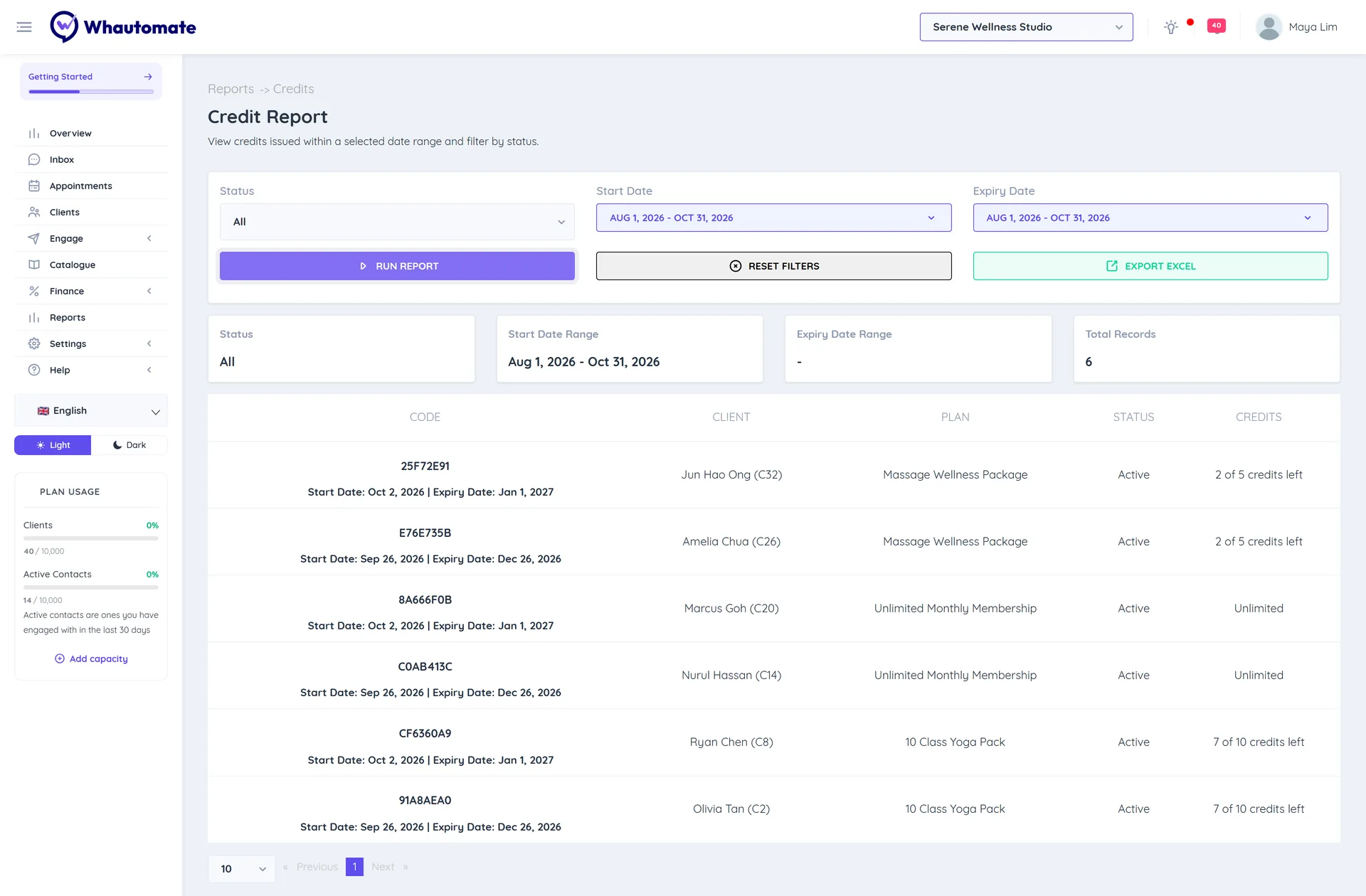 The Credit Report with the Status, Start Date and Expiry Date filters, the summary cards and the list of credits with code, client, plan, status and credits left