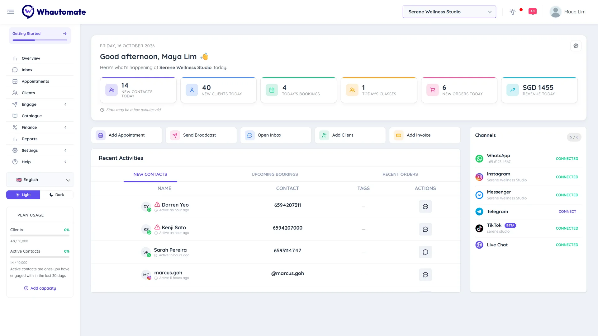 The Overview dashboard for Serene Wellness Studio with the greeting, the KPI tiles for today, the quick action buttons, the Recent Activities card and the Channels card