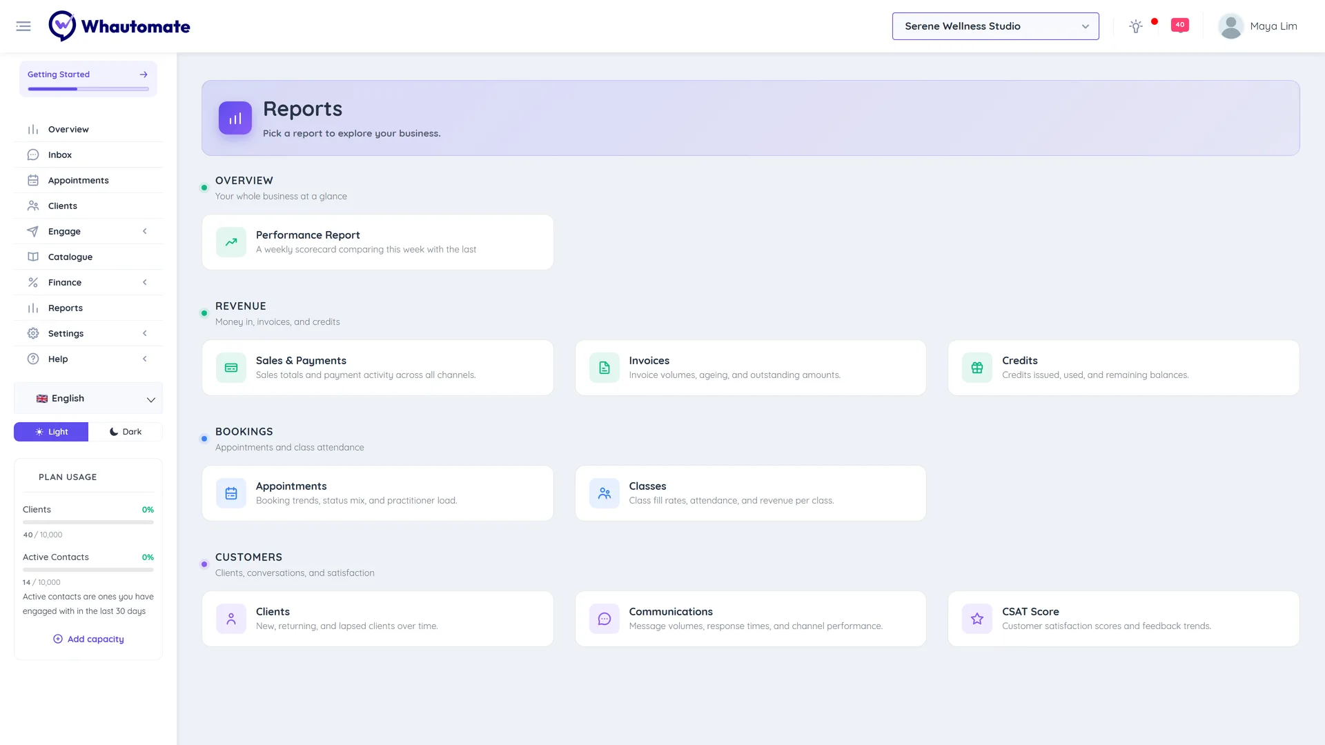 The Reports hub with the Overview, Revenue, Bookings and Customers groups and a card for each report
