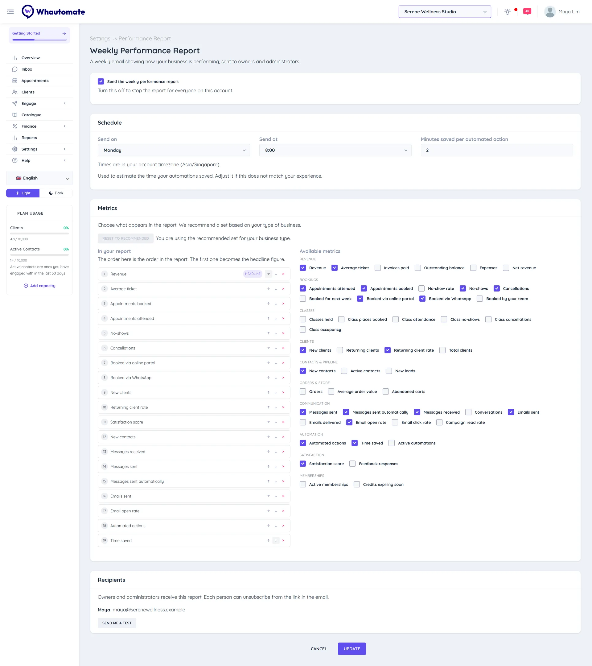 The Weekly Performance Report settings with the Send the weekly performance report checkbox, the Schedule card, the Metrics card with selected and available metrics, and the Recipients card with the Send me a test button