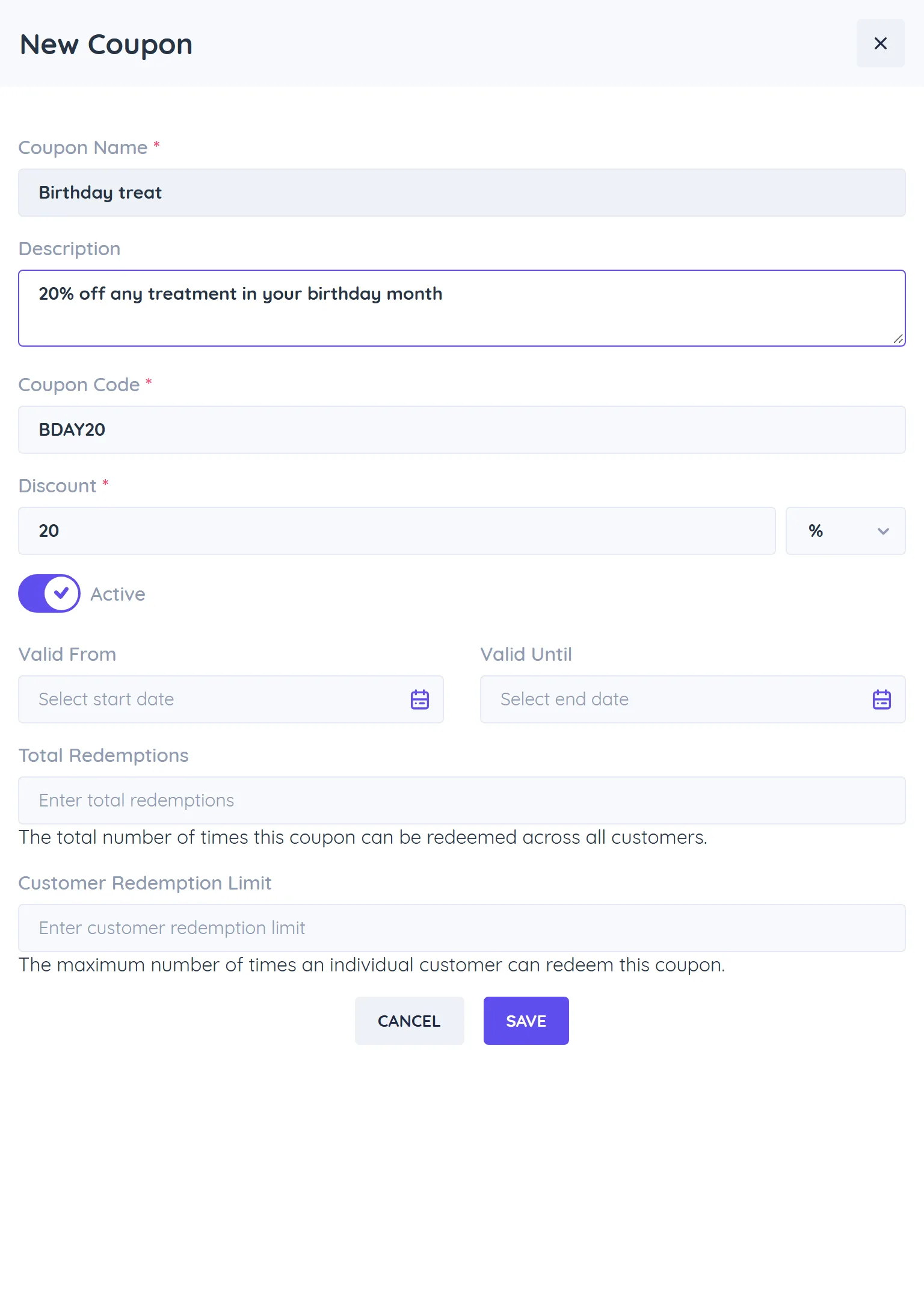 Coupon form for RELAX15 with name, description, code, discount type and value, Active switch, validity dates and redemption limits