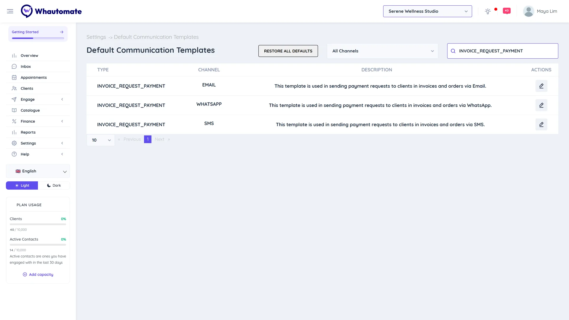 Default Communication Templates searched for INVOICE_REQUEST_PAYMENT, showing its SMS, Email and WhatsApp templates with an edit icon on each