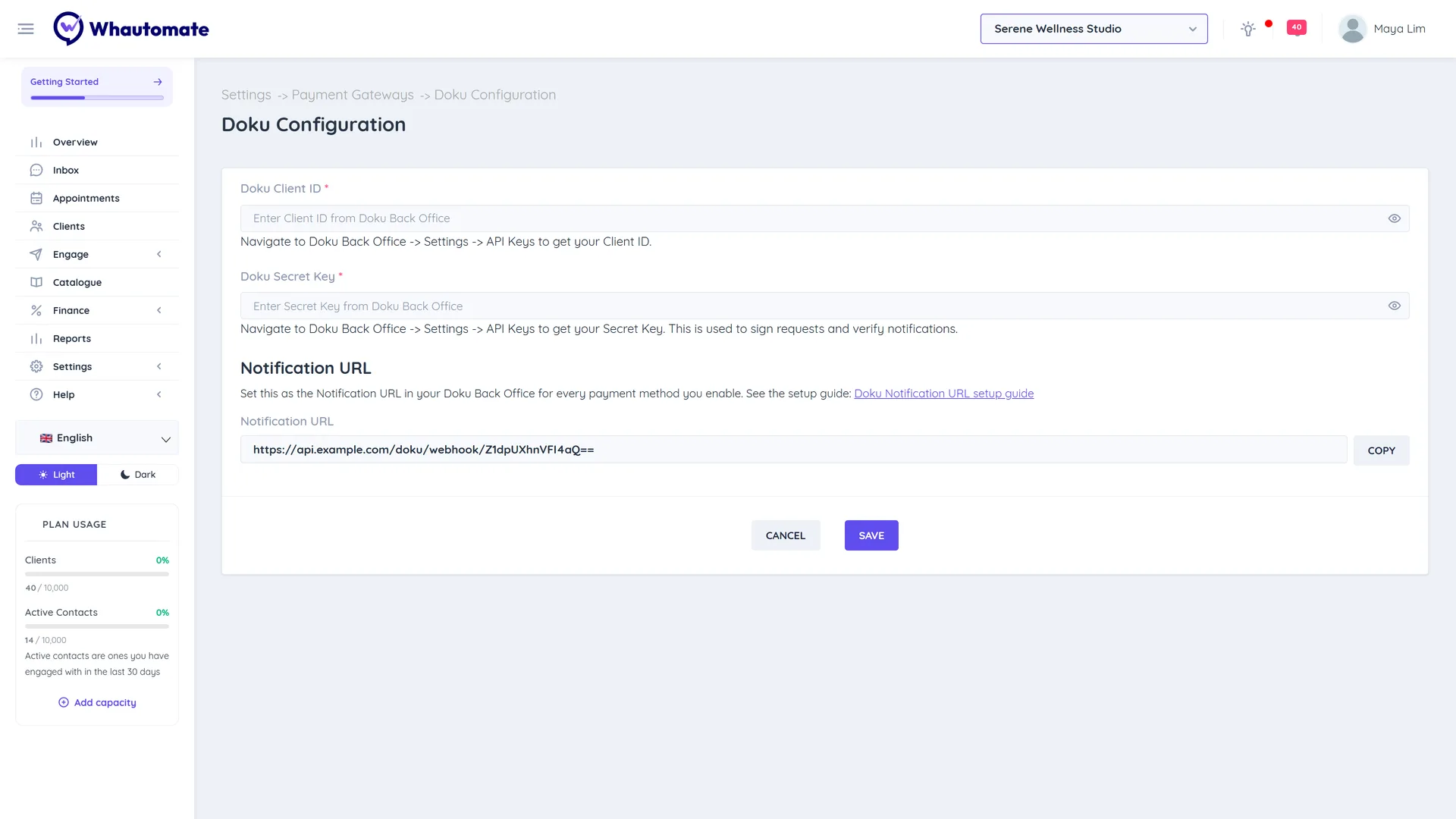 Doku Configuration form with Client ID, Secret Key and the Notification URL with a Copy button