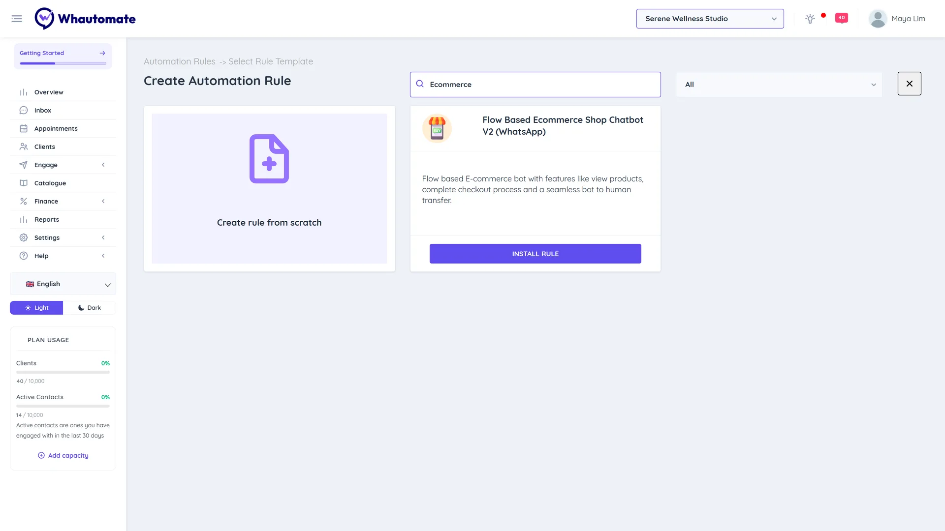 Create Automation Rule gallery showing the Flow Based Ecommerce Shop Chatbot template with the Install Rule button