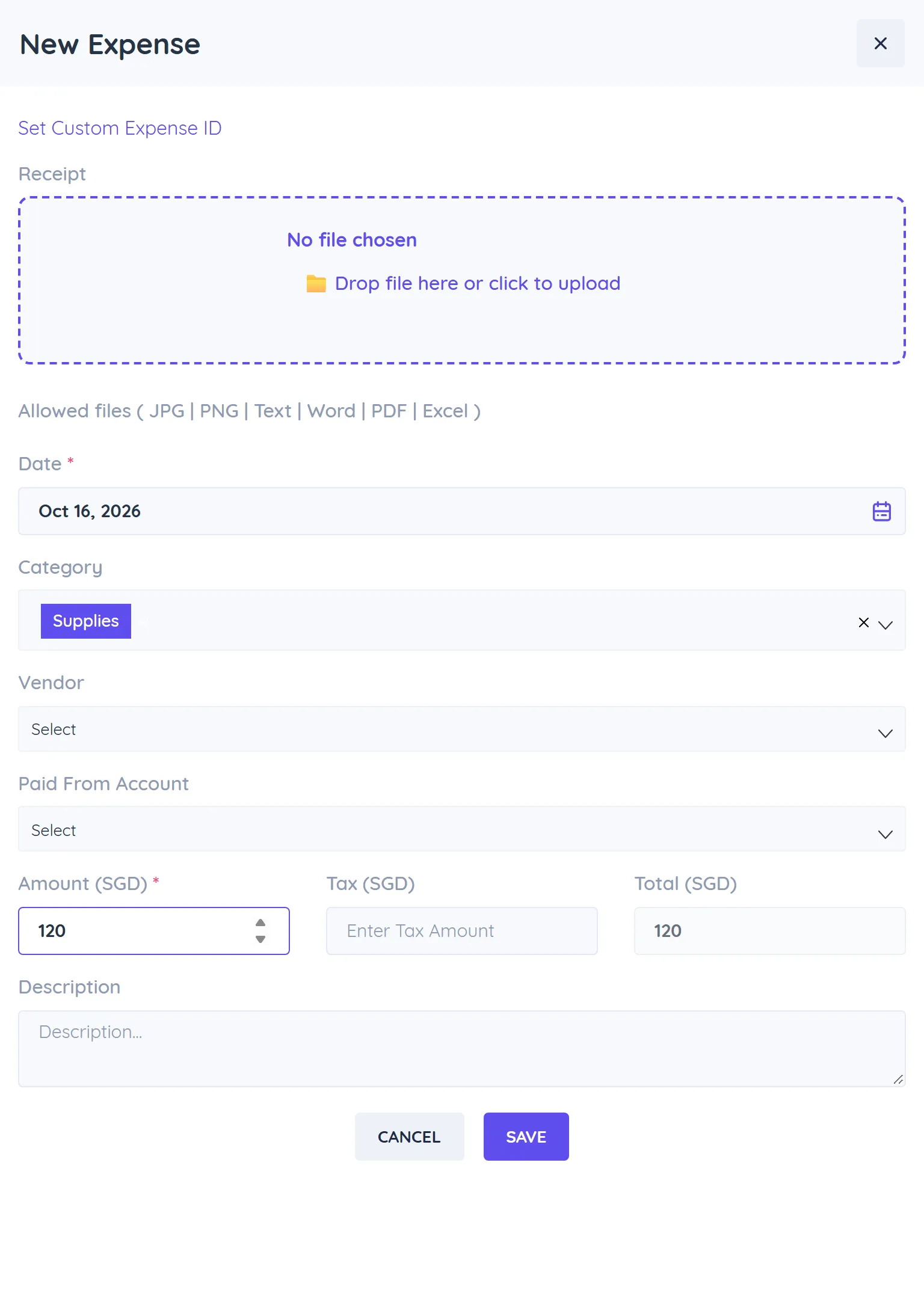 New Expense panel with receipt upload, date, category, vendor, paid from account, amount, tax and total