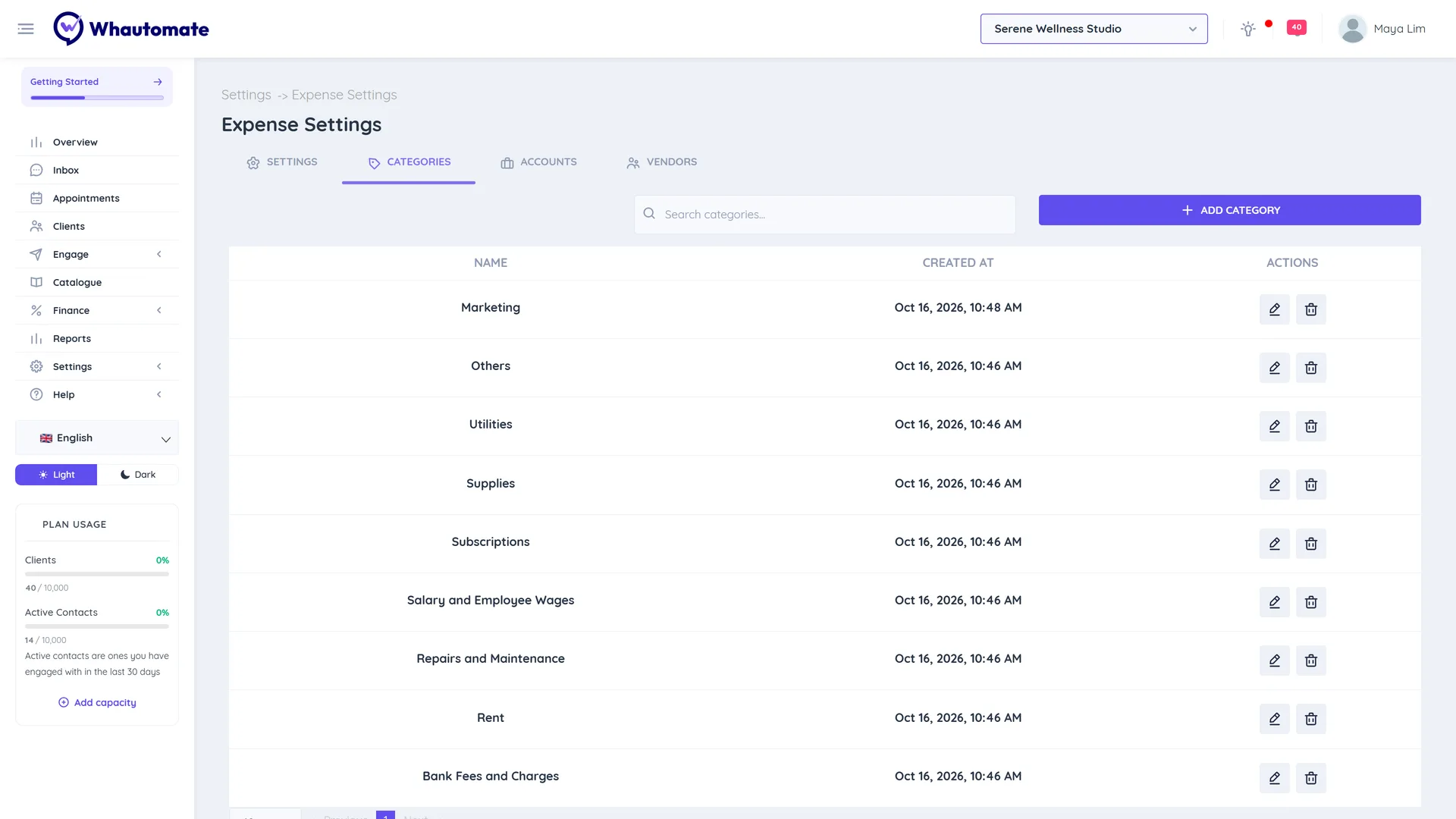 Expense Settings page with Settings, Categories, Accounts and Vendors tabs