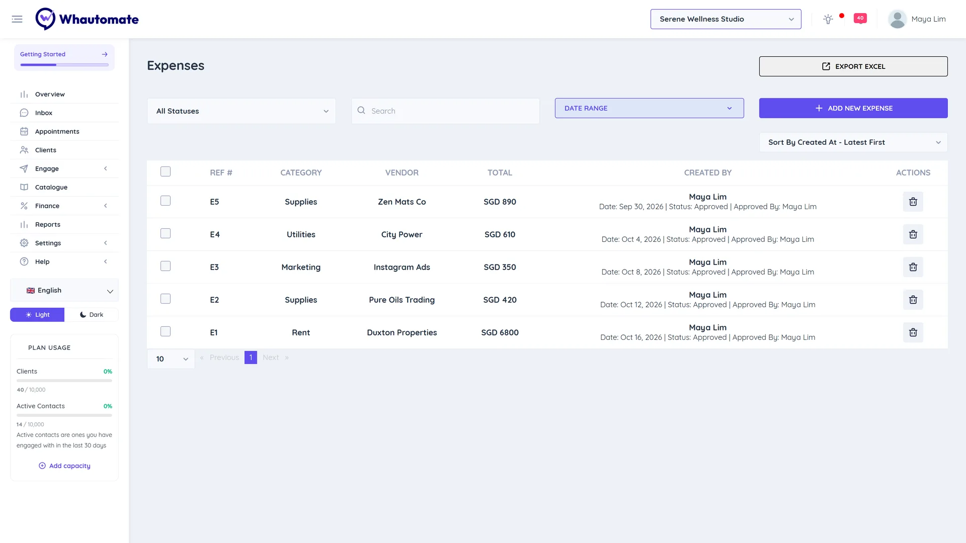 Expenses list with rent, supplies, marketing and utilities expenses showing category, vendor, total and status