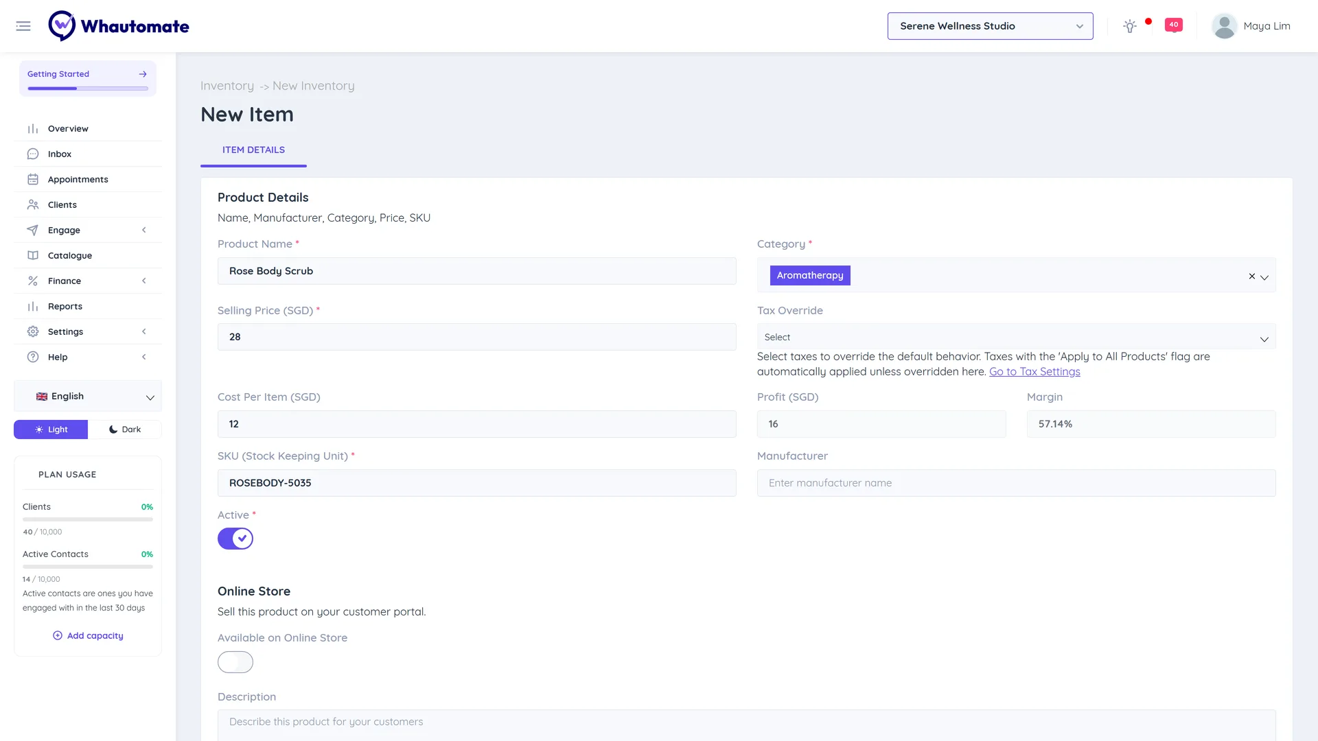 New Item form with product name, category, selling price, tax override, cost per item, profit and margin, SKU, manufacturer and the Active switch