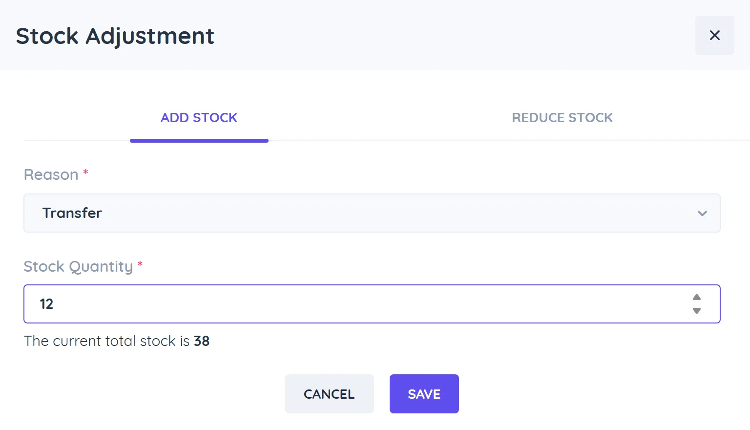 Stock Adjustment dialog with Add Stock and Reduce Stock tabs, reason and stock quantity fields