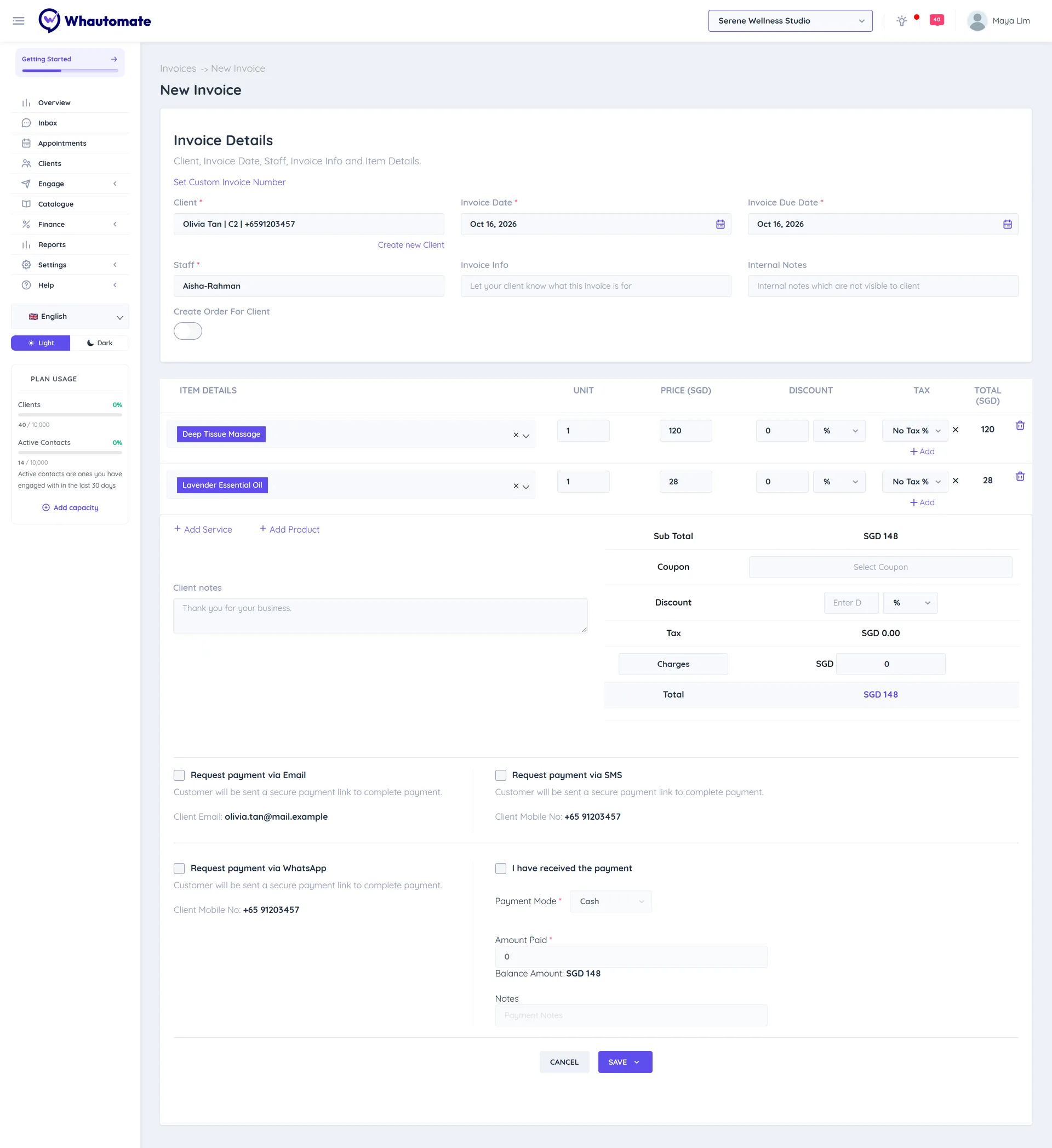 New Invoice form with client, invoice date, due date, staff, service and product lines, totals and payment request options