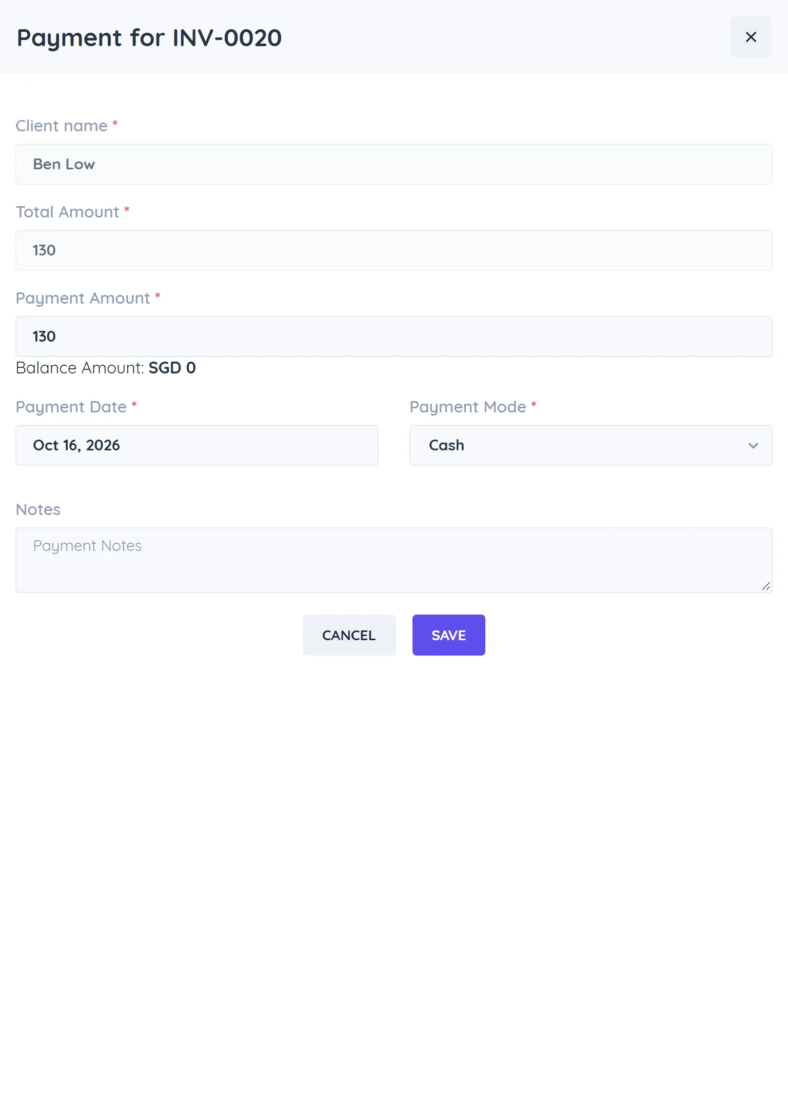 Payment for INV-0020 panel with client name, total amount, payment amount, balance amount, payment date, payment mode and notes