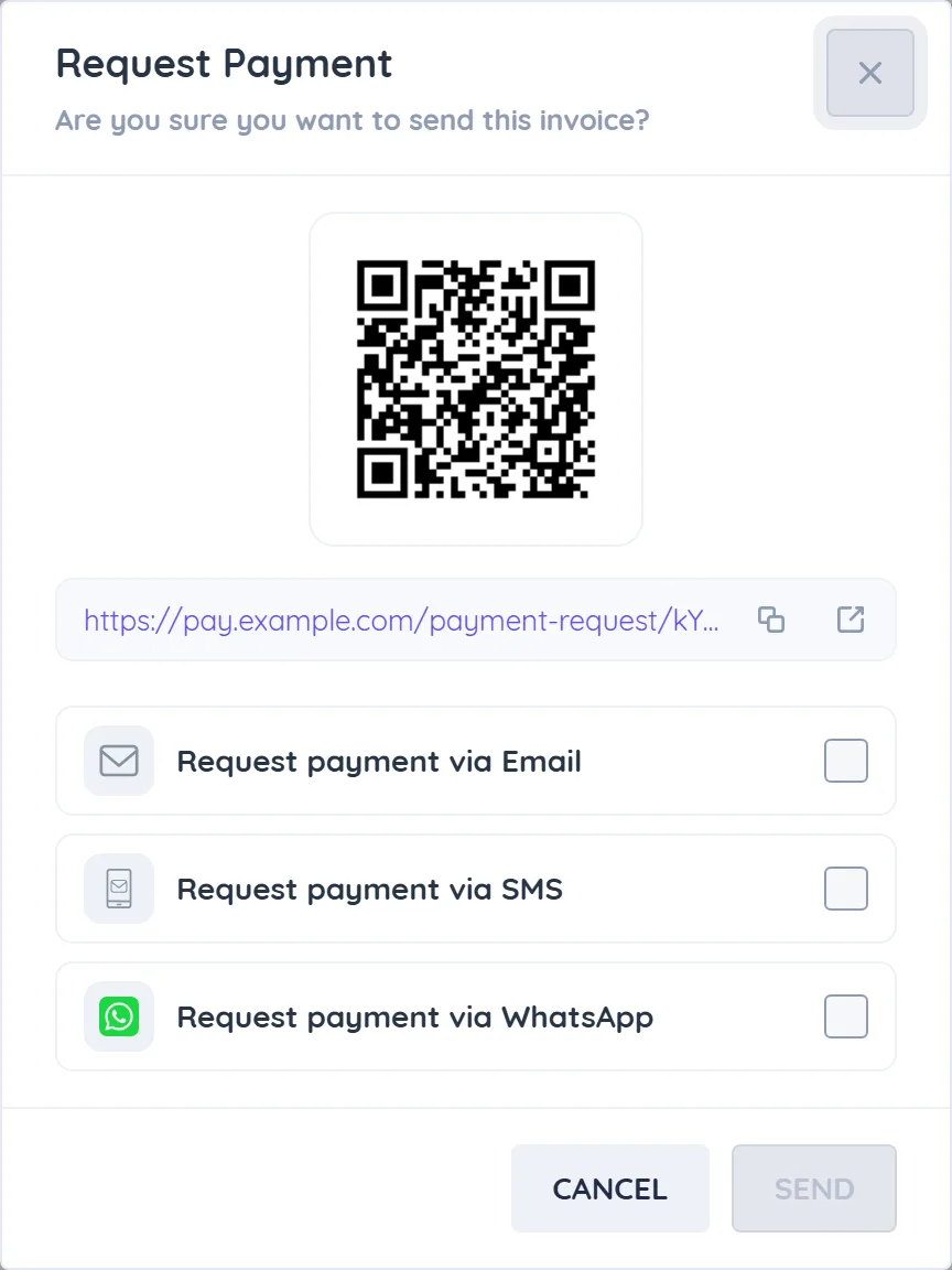 Request Payment dialog showing the payment link, a QR code and WhatsApp, email and SMS options