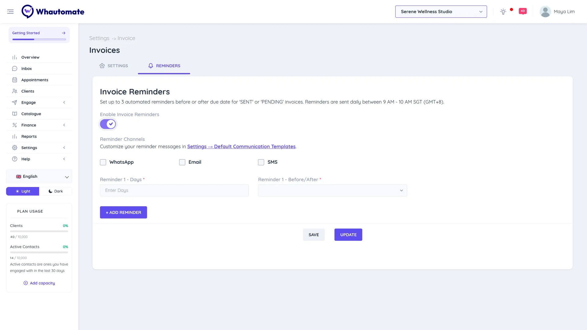 Invoice Reminders tab with enable toggle, reminder channels and reminder days before or after the due date