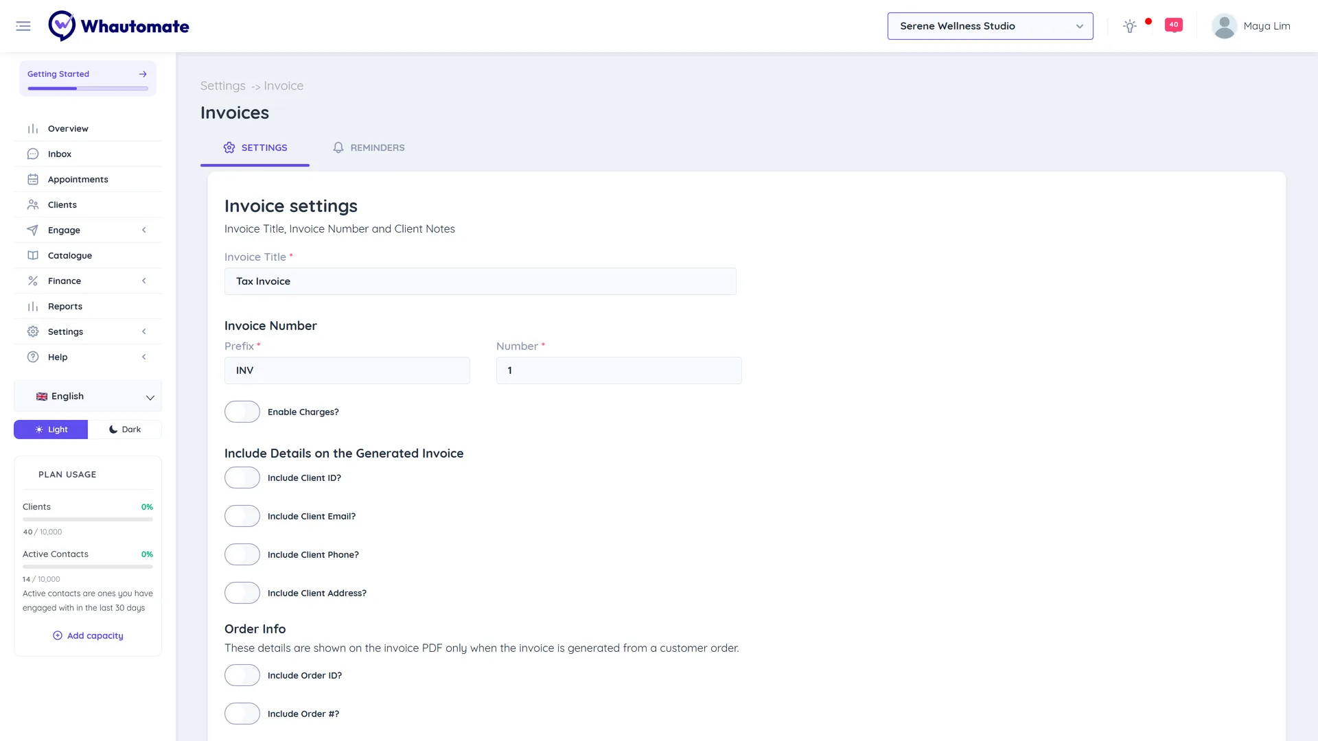 Invoice settings tab with invoice title, number prefix and number, charges toggle and details to include on the invoice
