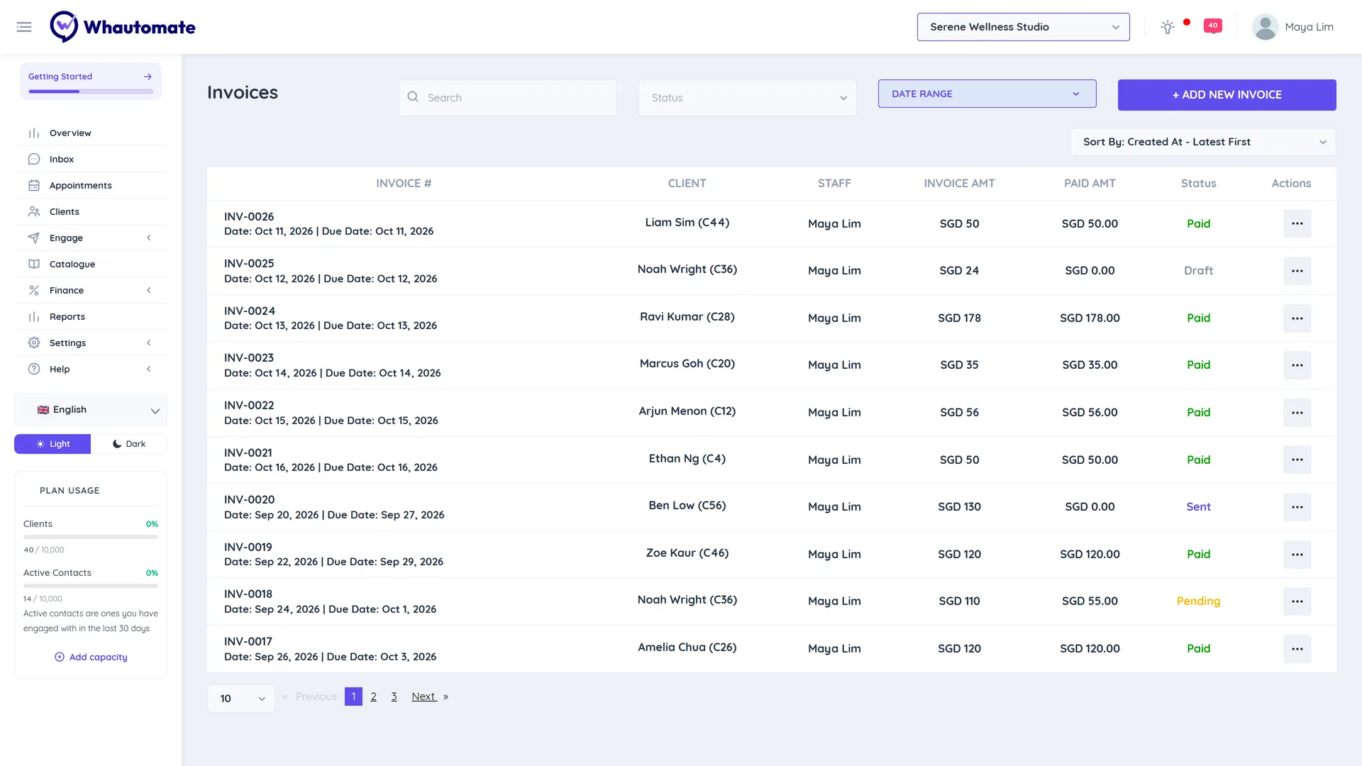 Invoices list with invoice number, client, staff, invoice amount, paid amount and status columns, and the Add New Invoice button