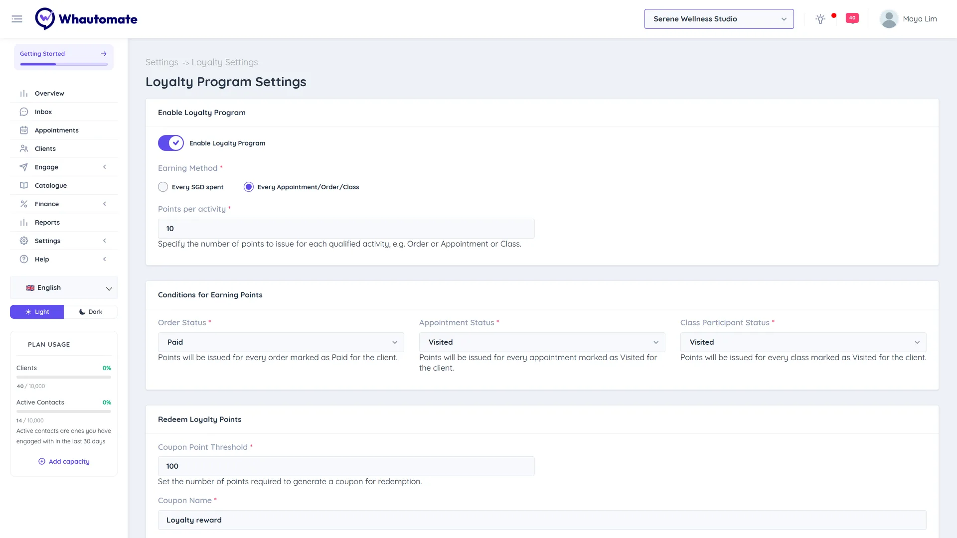 Loyalty Program Settings with the enable toggle, the Every Appointment/Order/Class earning method, points per activity and the conditions for earning points