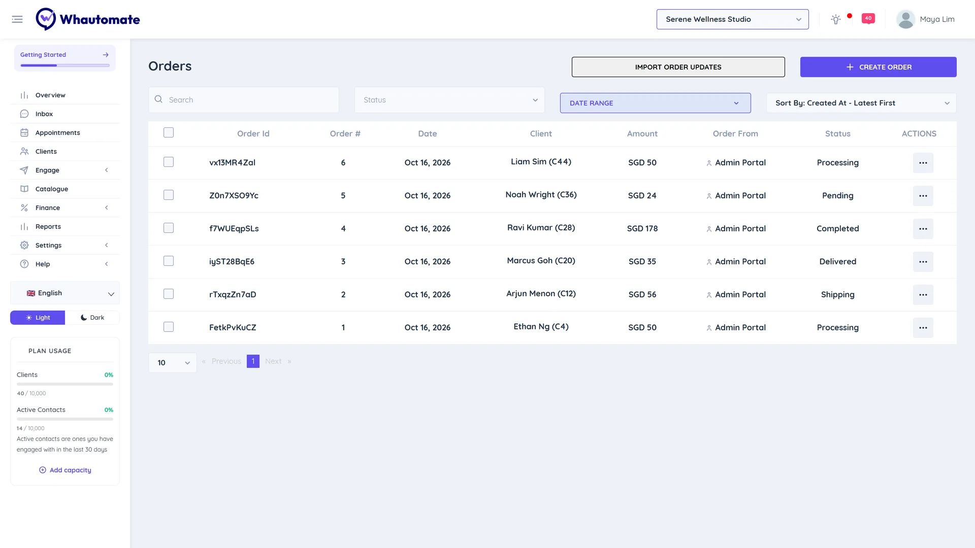 Orders list with order ID, order number, date, client, amount, status and order source columns