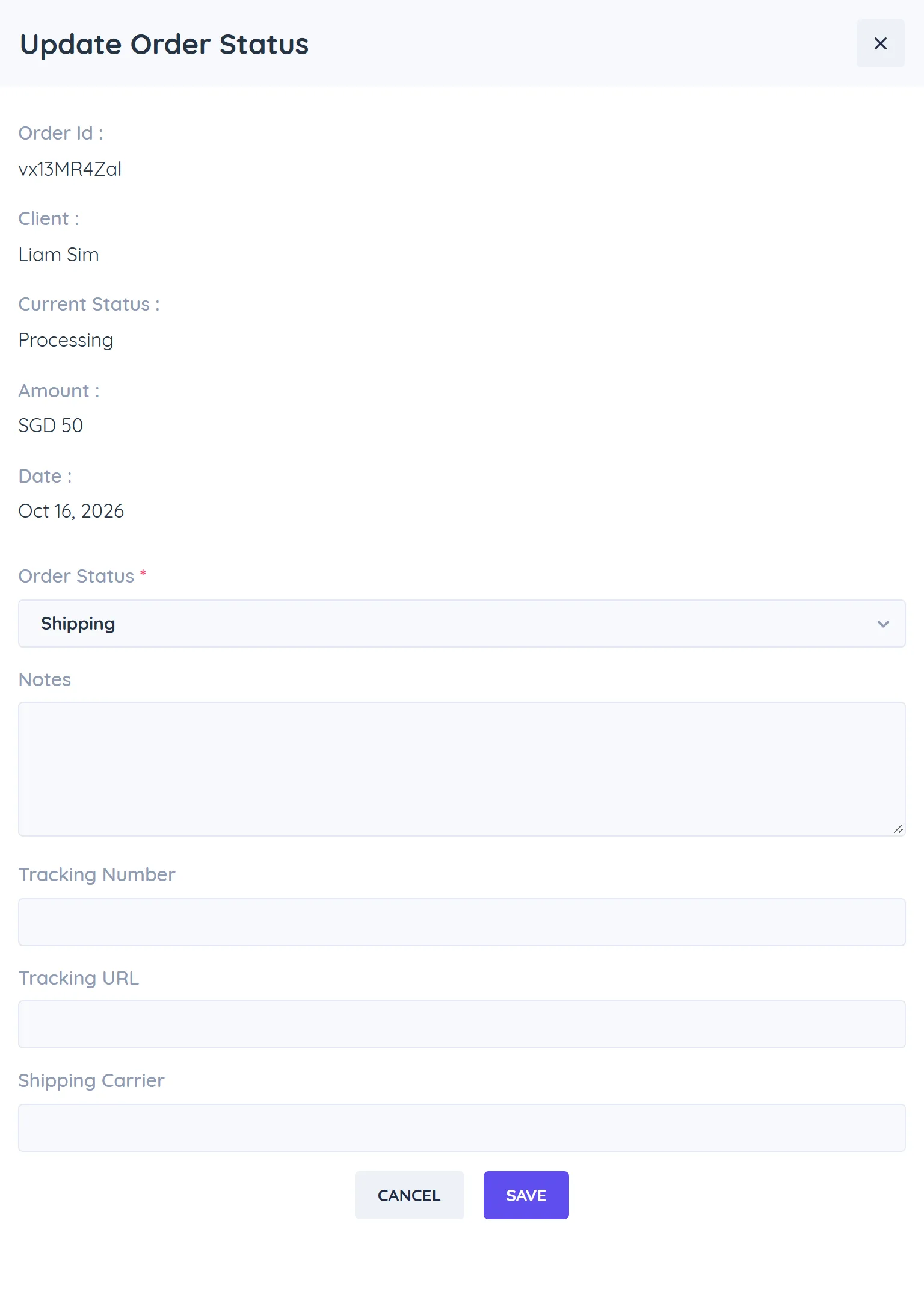 Update Order Status panel with order details, new status, notes and shipping info fields