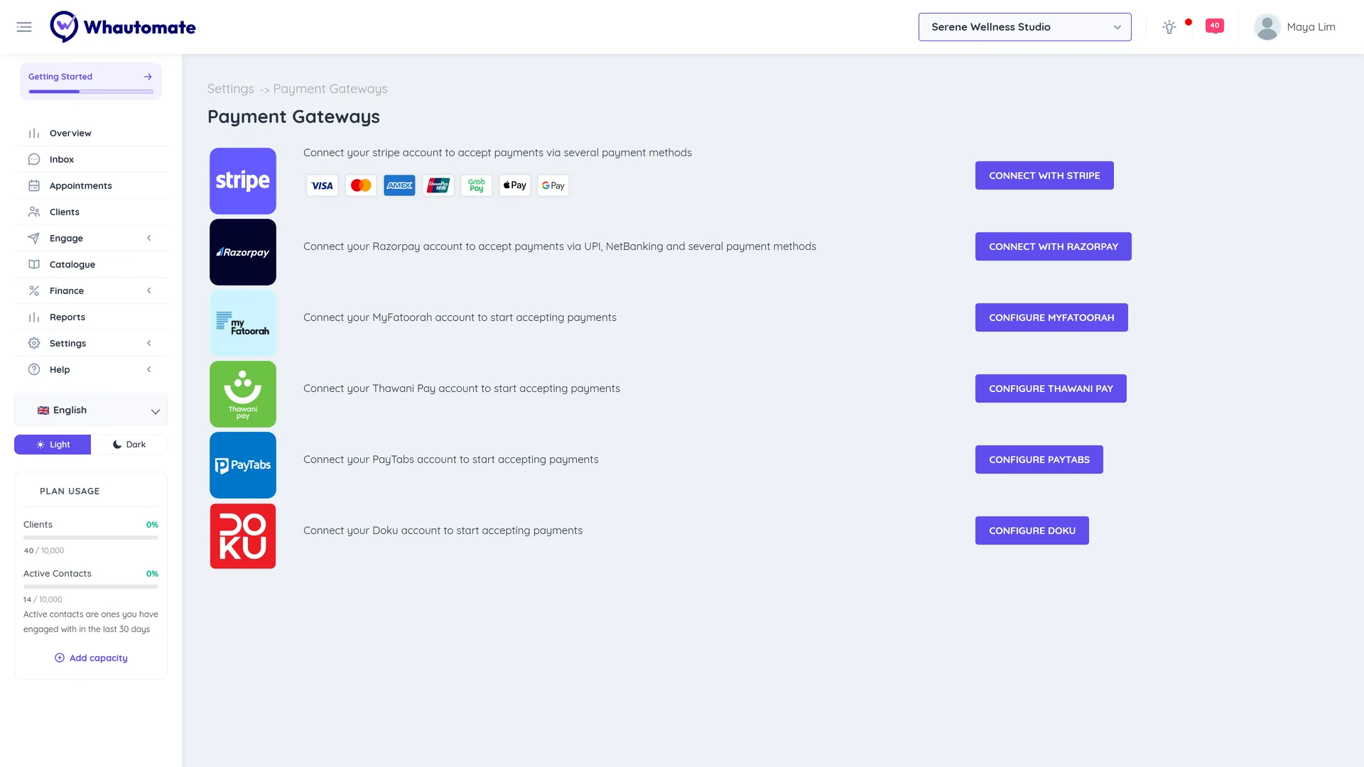 Payment Gateways page listing Stripe, Razorpay, MyFatoorah, Thawani Pay, PayTabs and Doku with their connect buttons