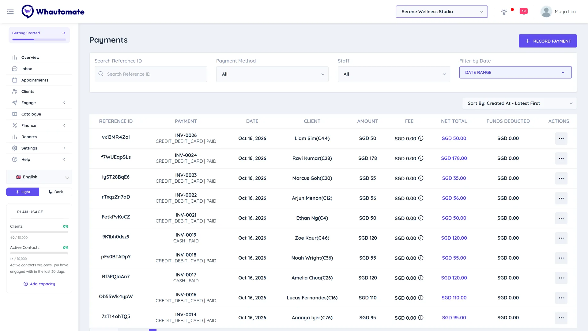 Payments list with reference ID, payment mode, date, client, amount, fee, net total and funds deducted columns