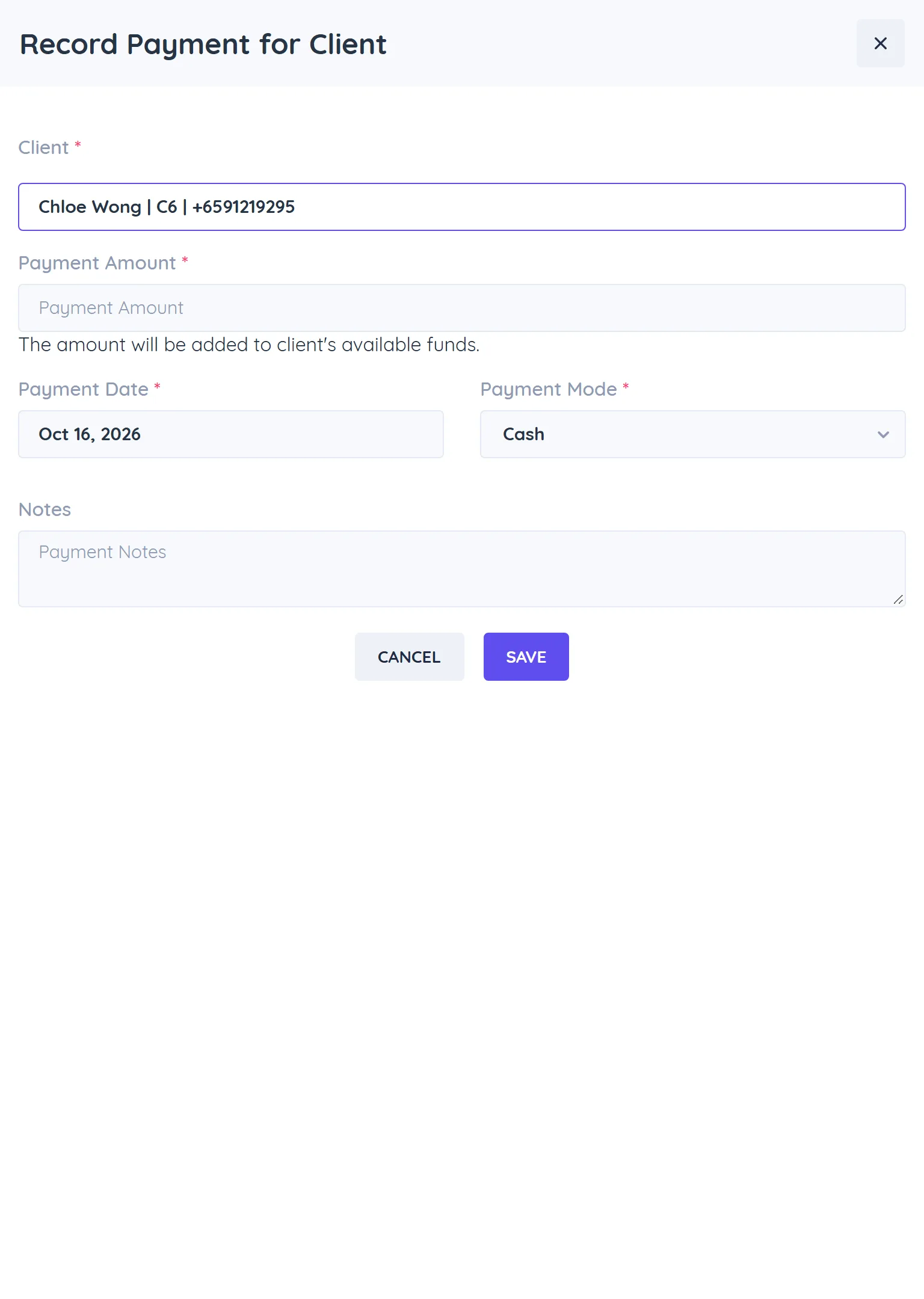 Record Payment for Client panel with client, payment amount, payment date, payment mode and notes