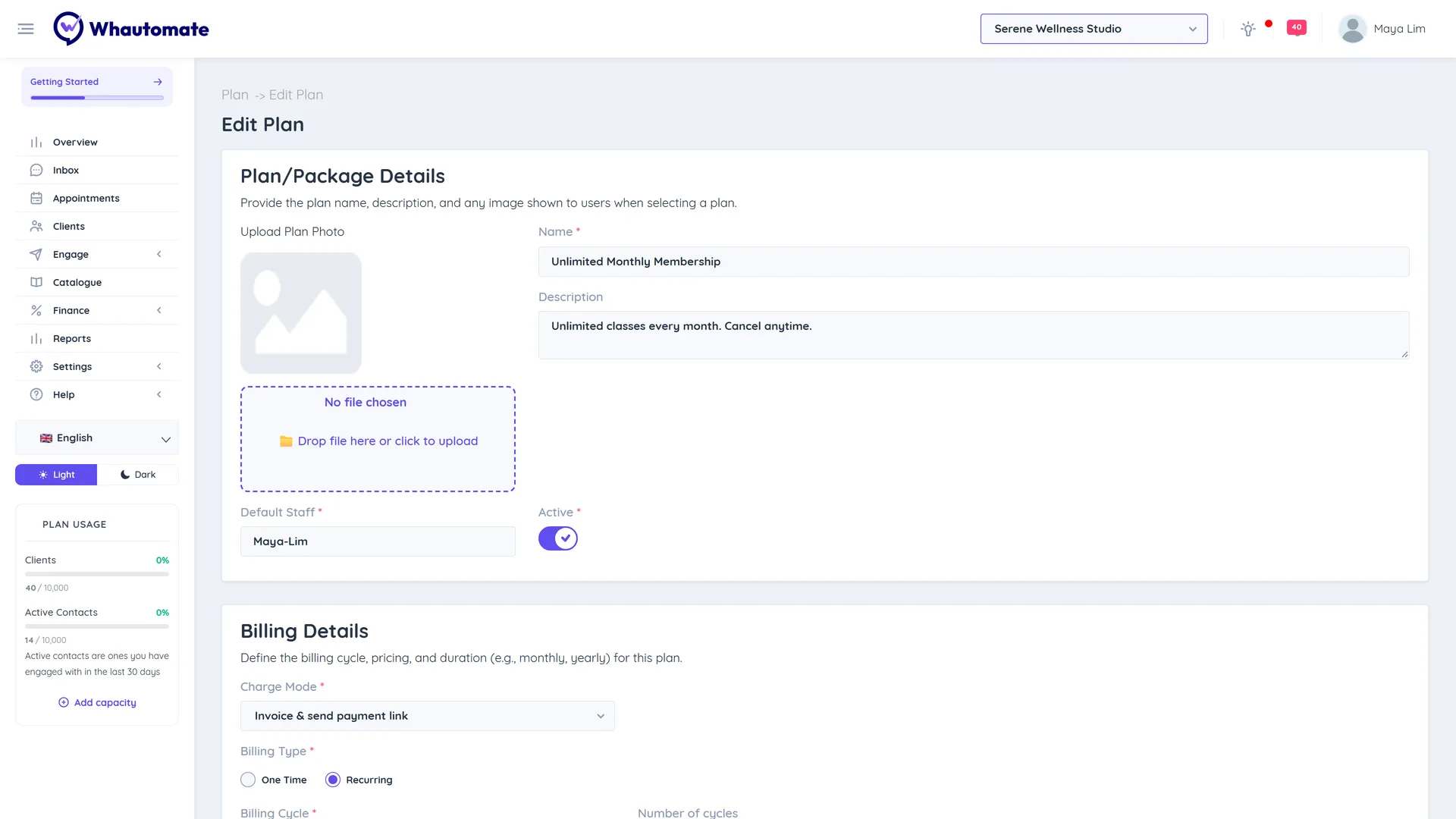 Edit Plan form for the Unlimited Monthly Membership with the Plan/Package Details section and the start of Billing Details