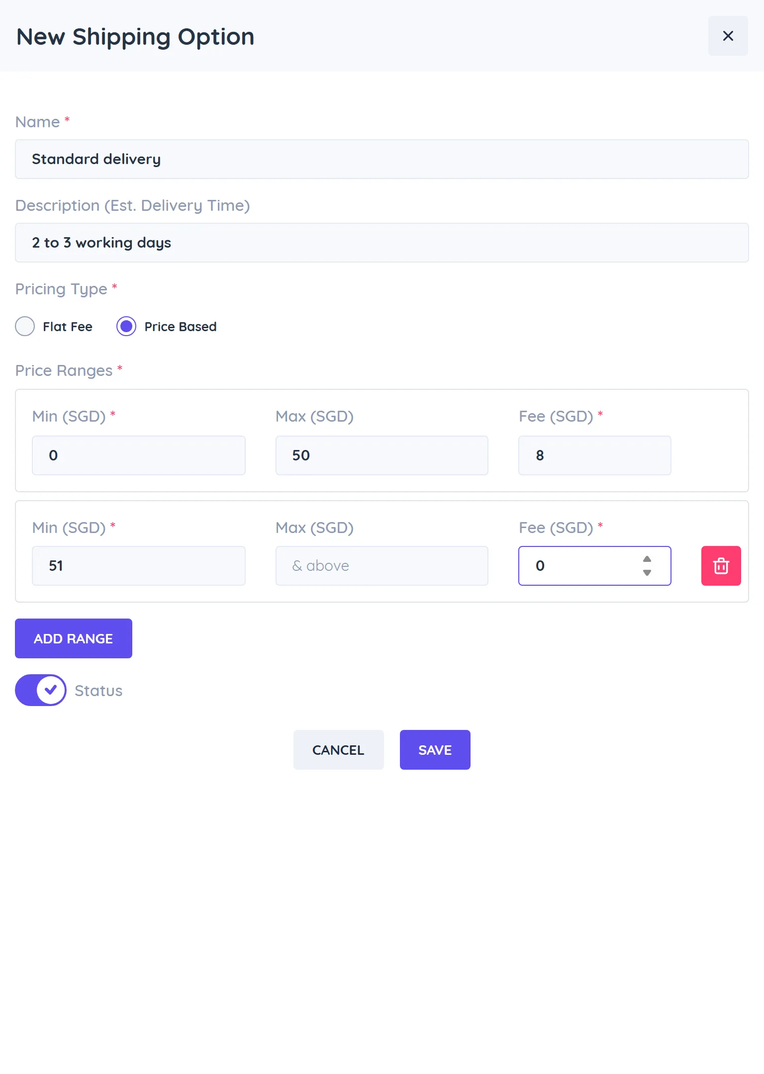 New Shipping Option form with name, estimated delivery description, flat fee or price based pricing and price ranges