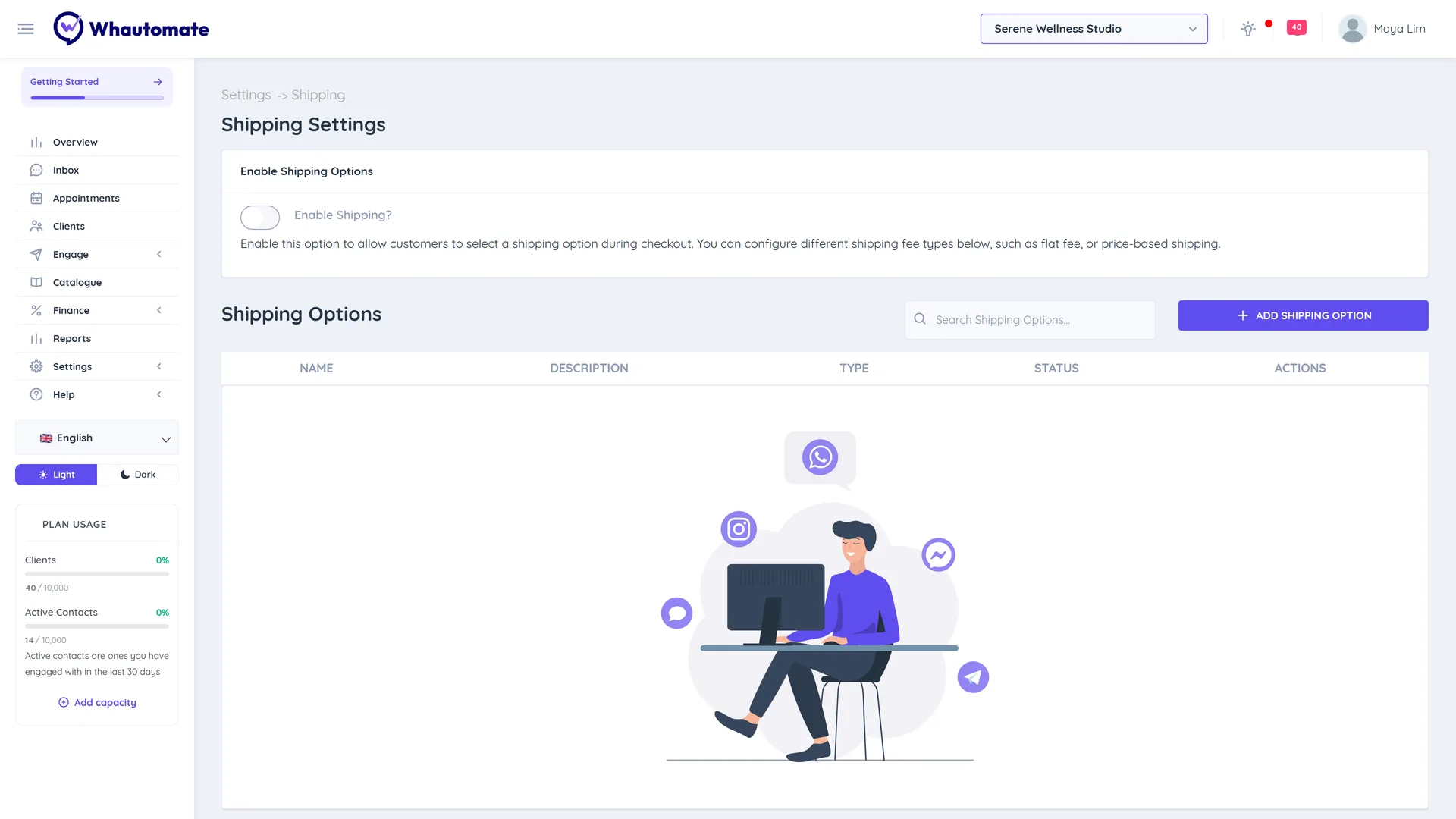 Shipping Settings page with the Enable Shipping toggle and the list of shipping options