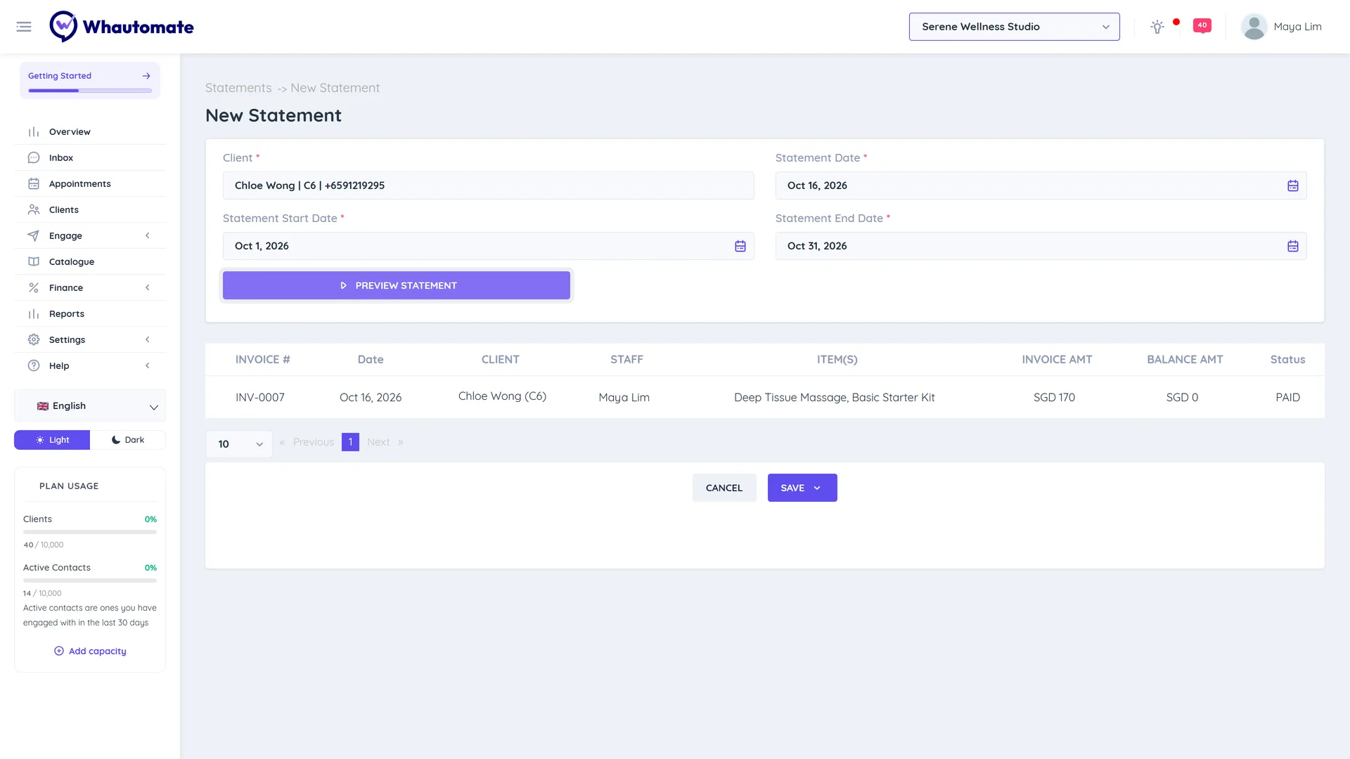 New Statement form with client, statement date, start and end dates and a preview table of invoices with balances