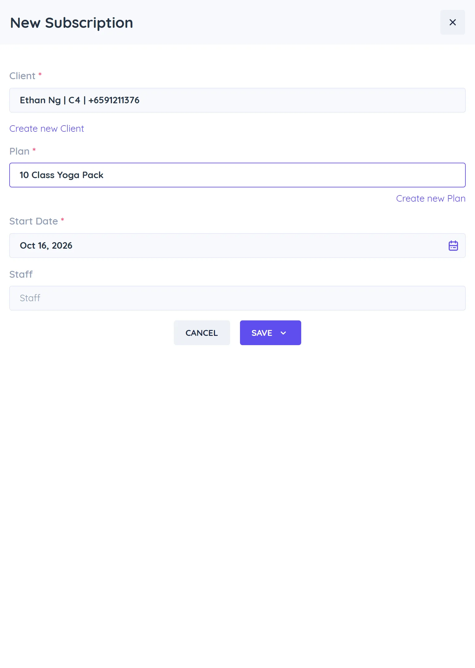 New Subscription panel with client, plan, start date and staff fields